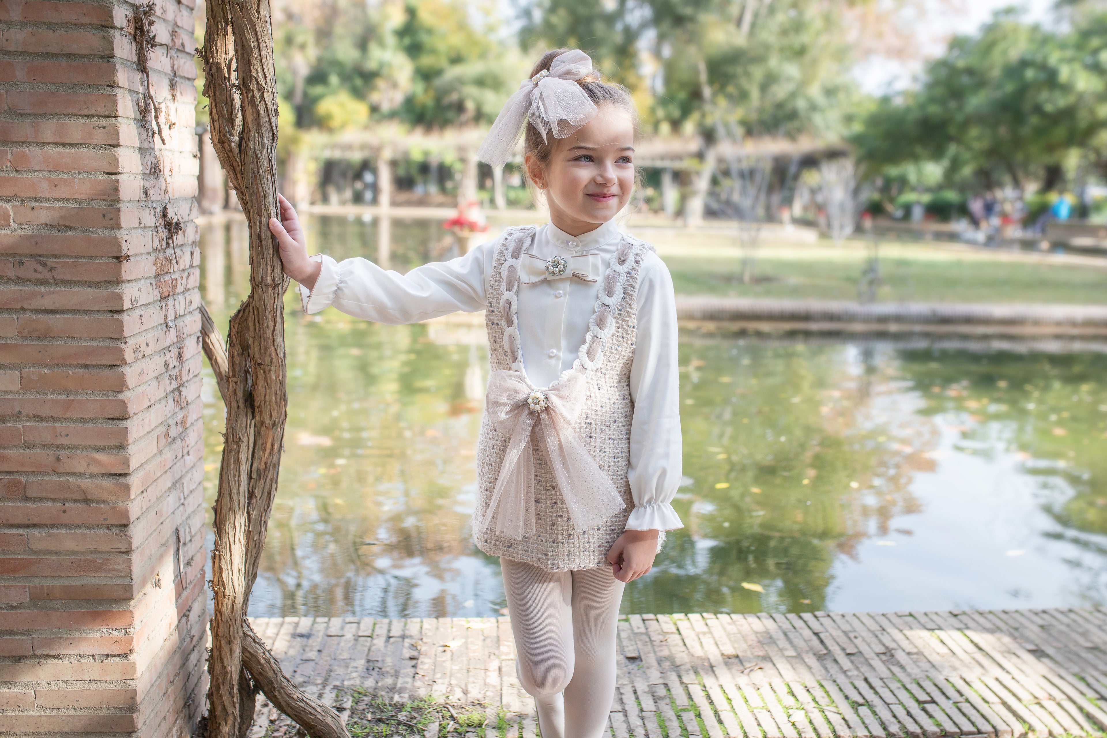 AW25 NAXOS Camel Tweed Girls Blouse & Pinafore Set - 7642