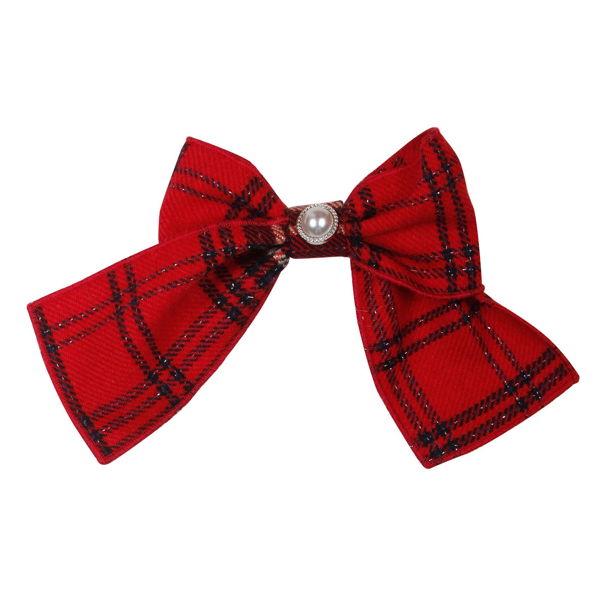 Naxos red tartan girls hair bow with pearl centre and clip fastening
