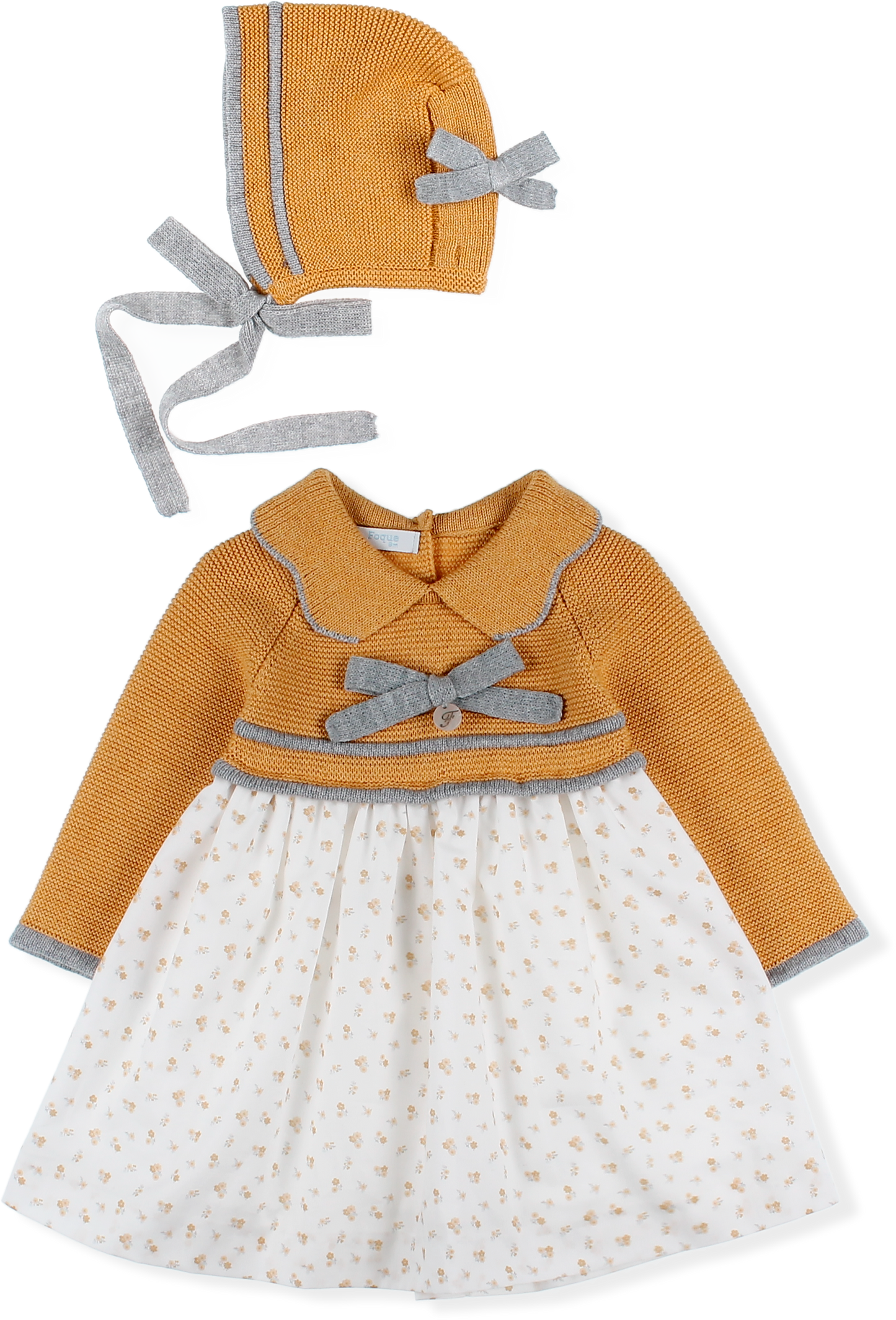 Foque Mustard & Grey Girls Knitted Dress & Bonnet