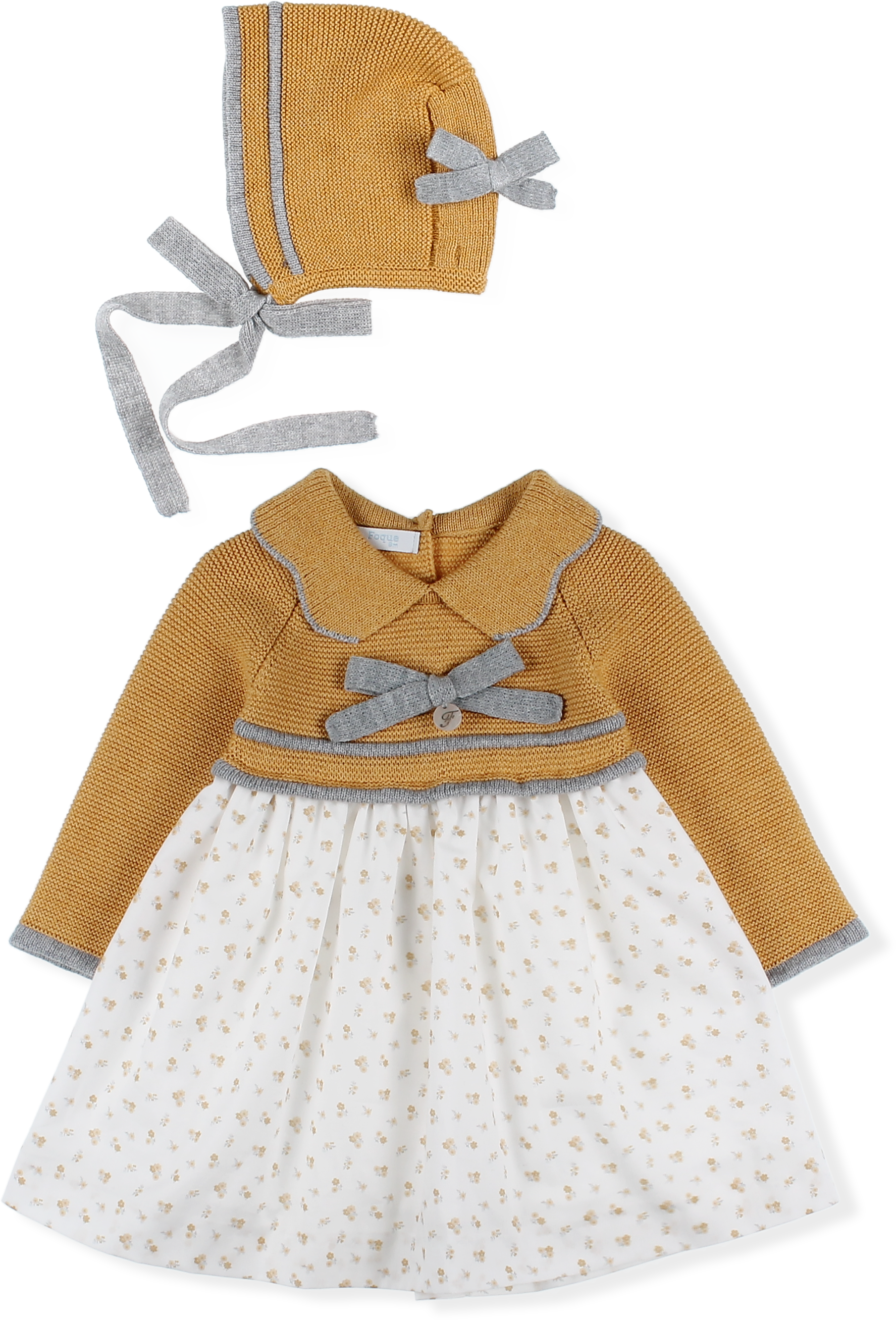 AW24 FOQUE Mustard & Grey Girls Knitted Dress & Bonnet - 5212