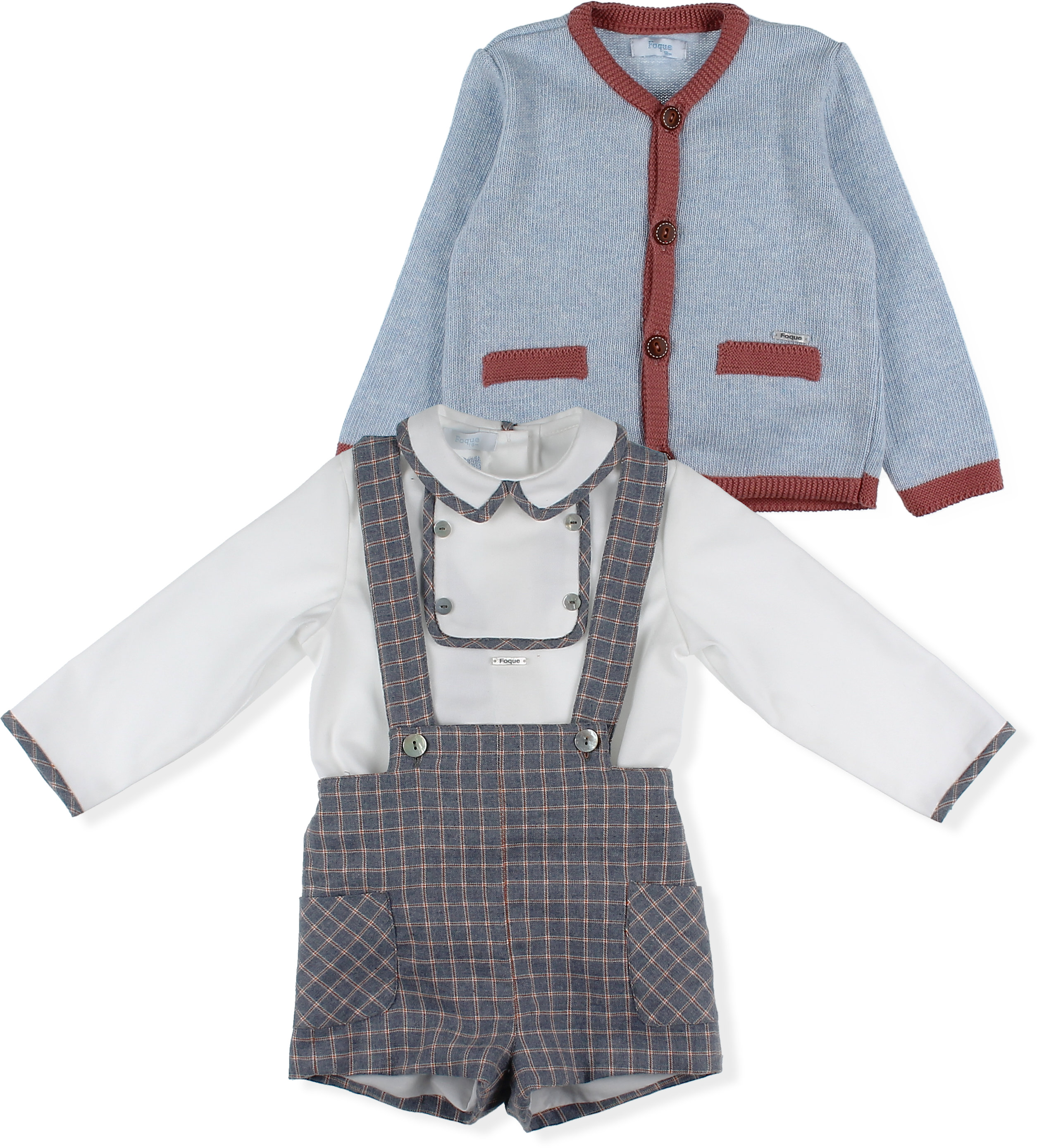 AW24 FOQUE Arcilla Grey Check Boys Short Set with Cardigan - CLEARANCE SALE