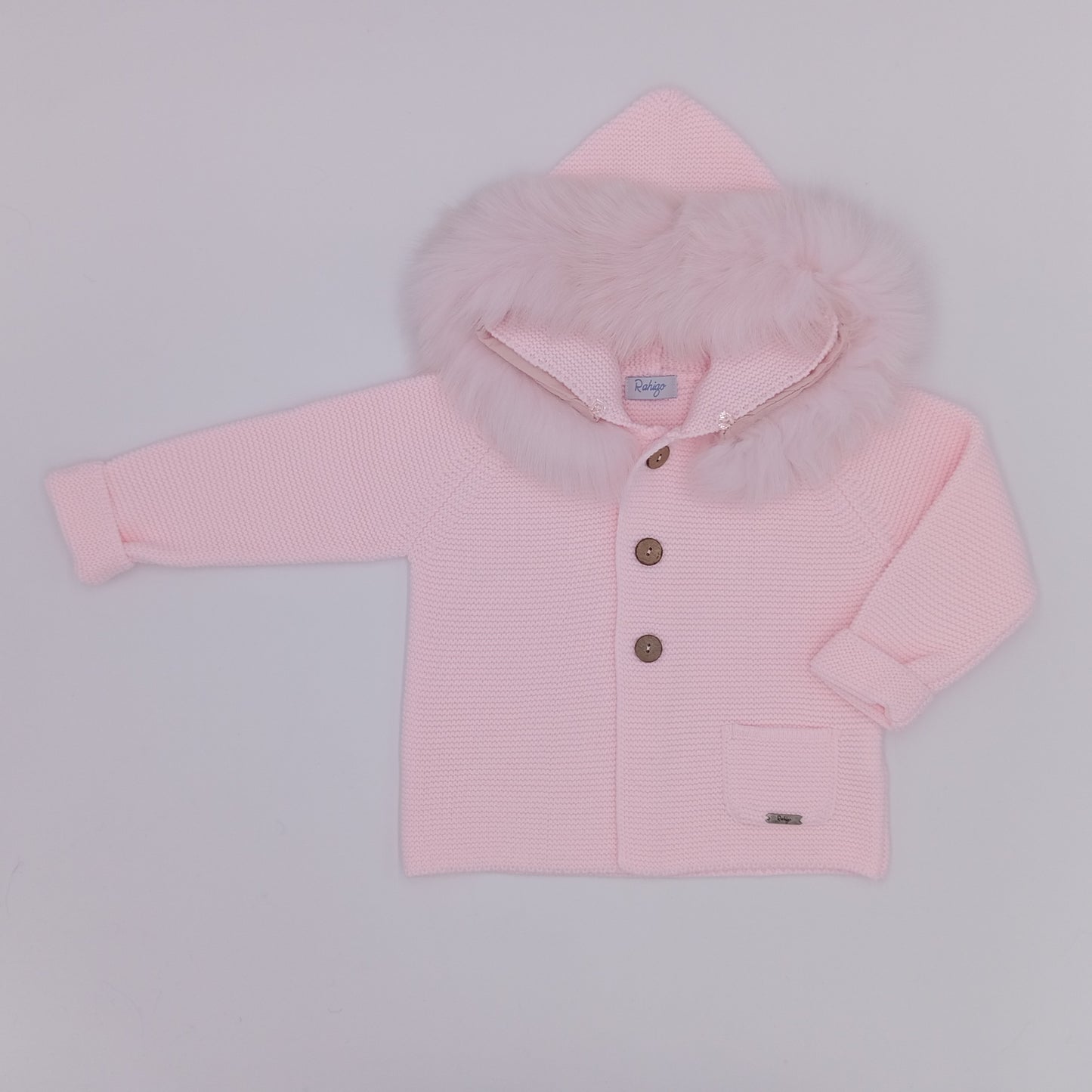 AW25 RAHIGO Baby Pink Knitted Coat with Fur Hood - 252133