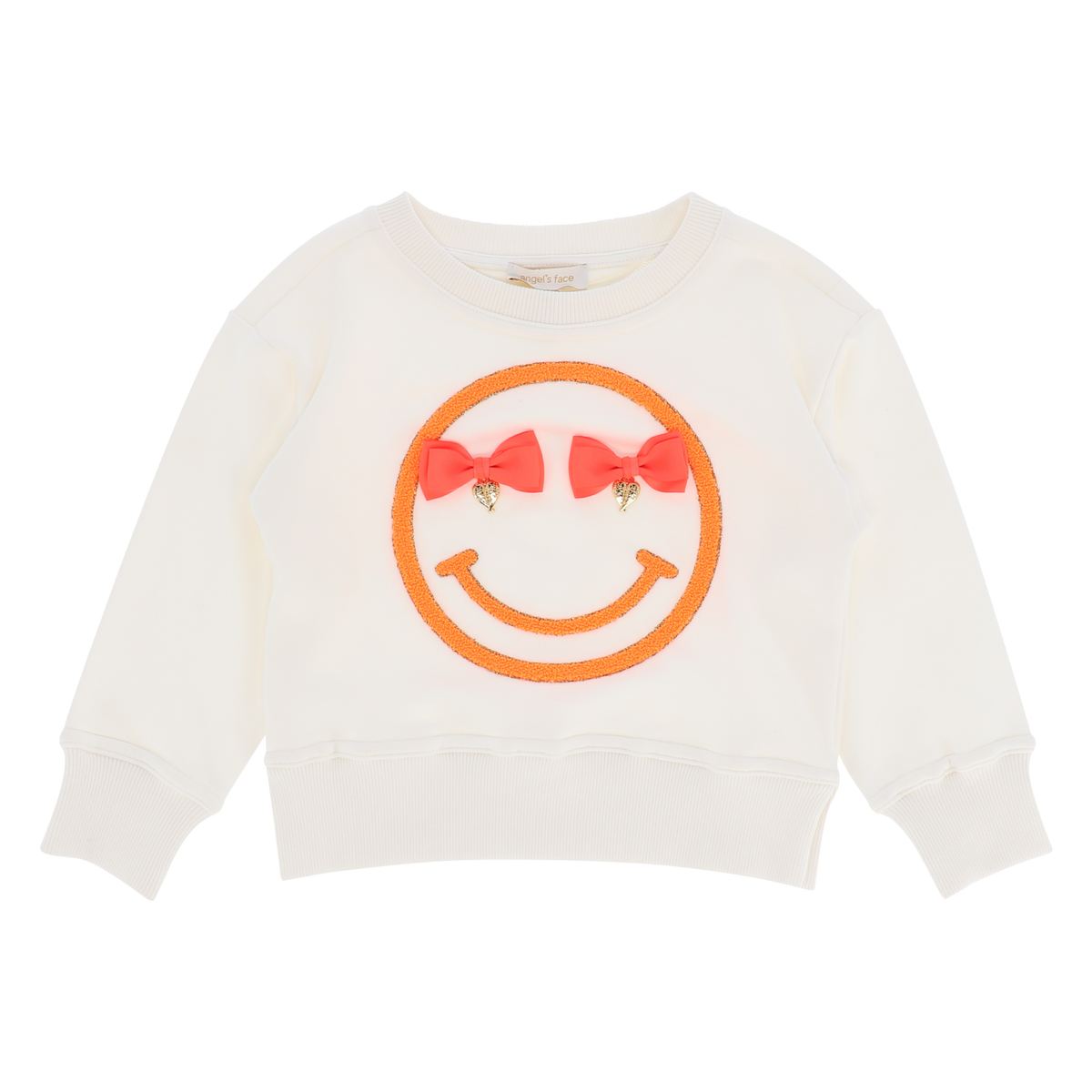 Angel’s Face Smile Snowdrop girls sweatshirt with orange bow smiley motif - front