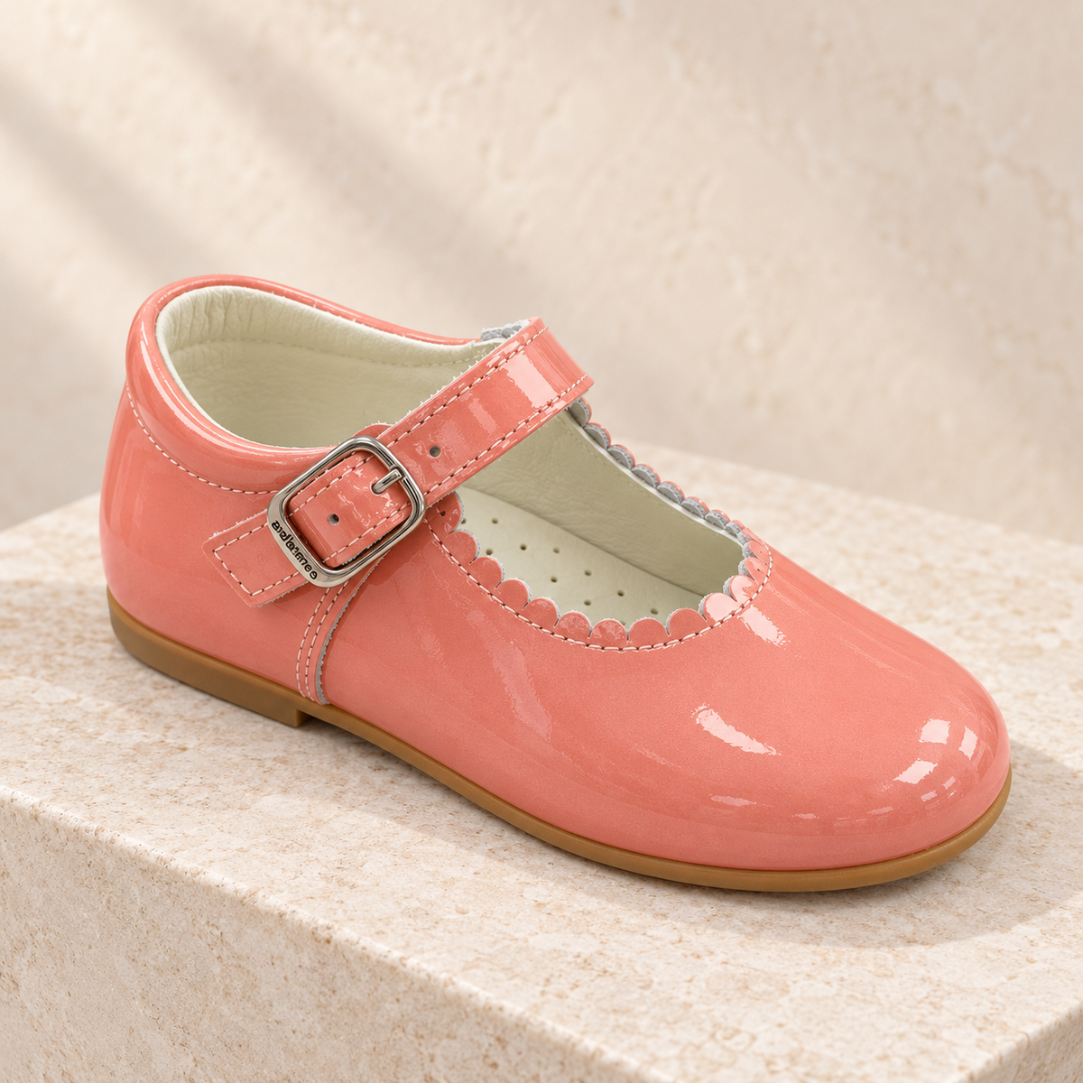 Andanines coral pearl patent leather girls Mary Jane shoes with scalloped trim and buckle strap