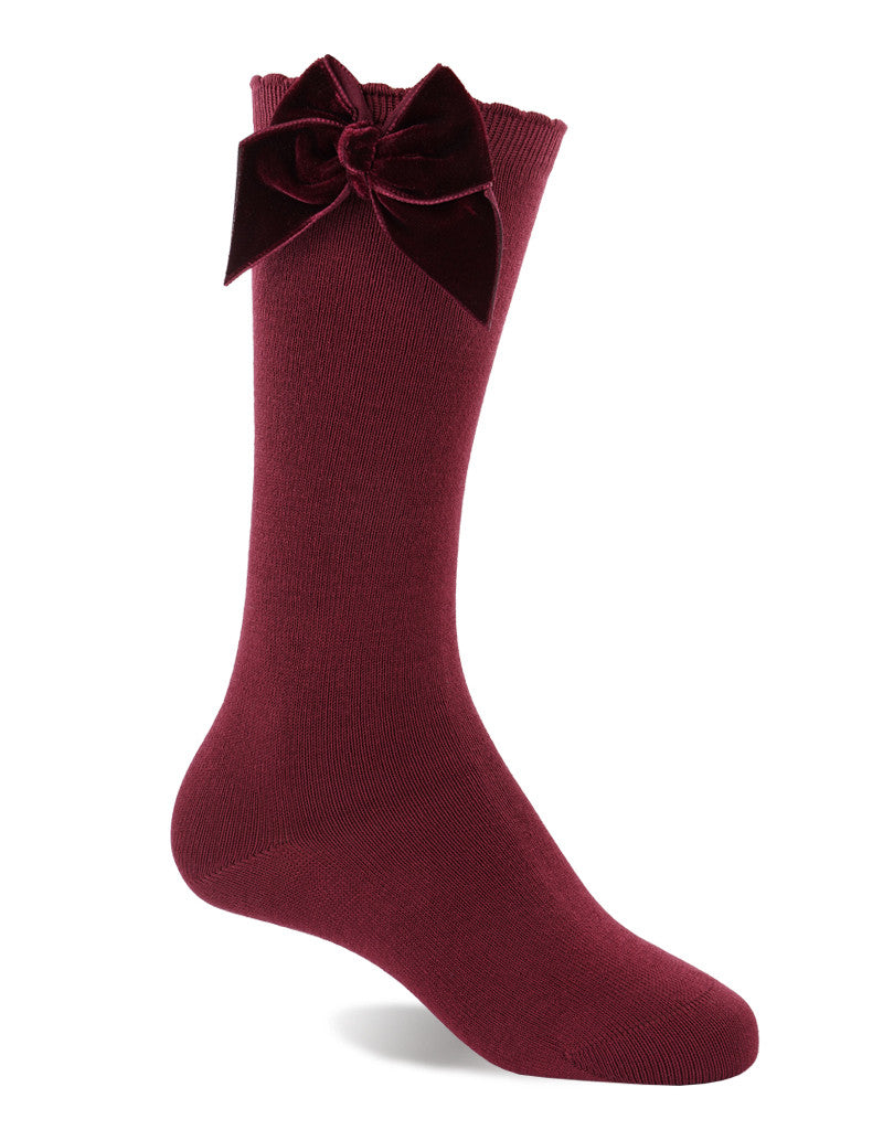 burgundy knee-high socks for girls with velvet bow detail by JC Castella