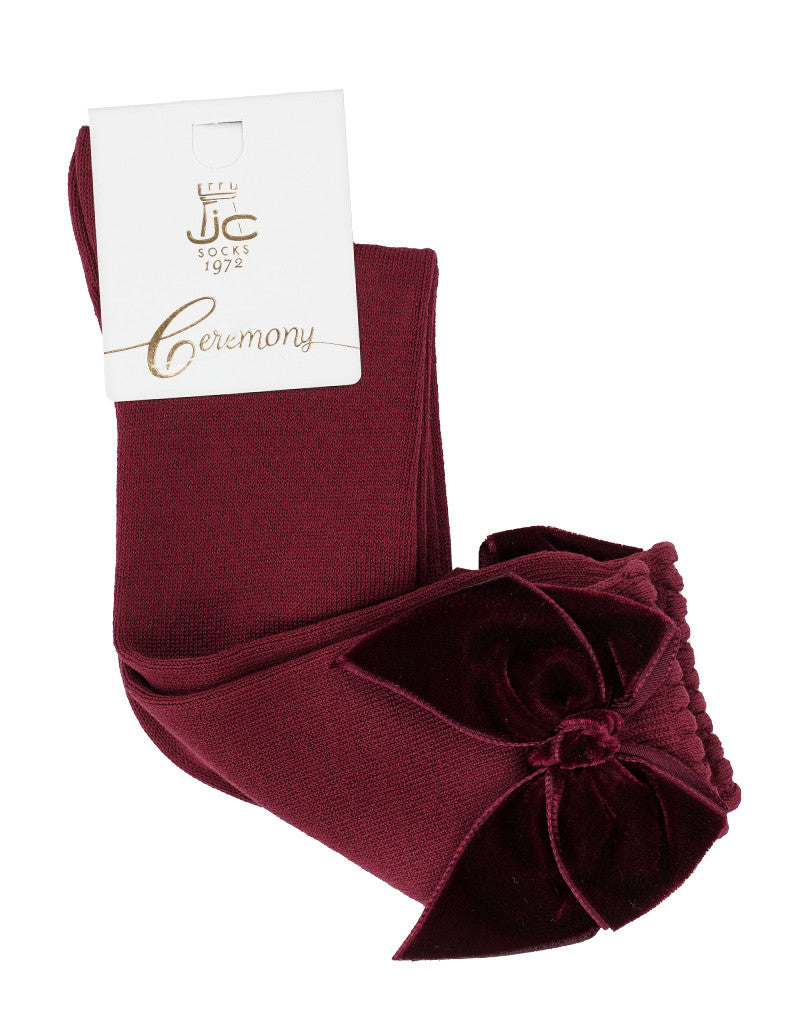 burgundy knee-high socks for girls with velvet bow detail by JC Castella