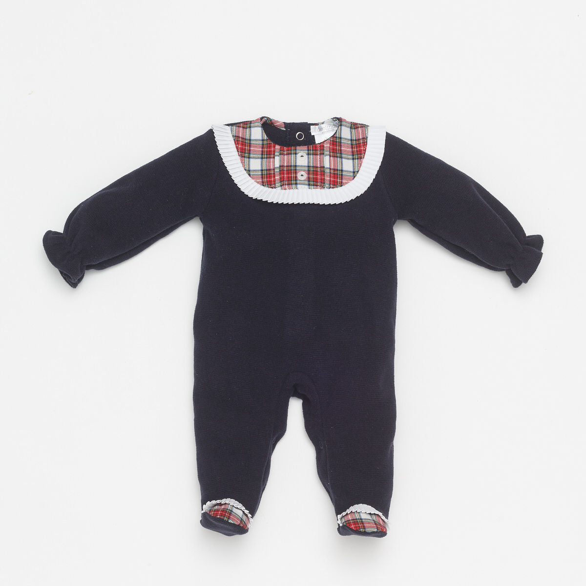 Deolinda Alaska girls navy babygrow with red tartan bib and foot detail
