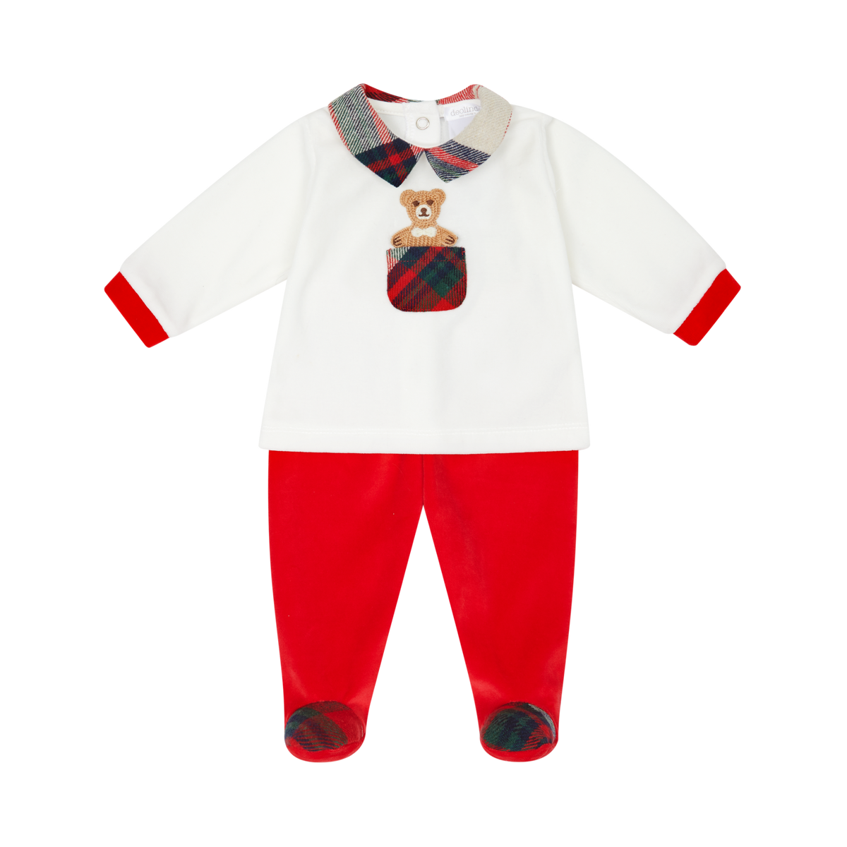 Deolinda Christmas boys cream and red teddy trouser set with tartan collar
