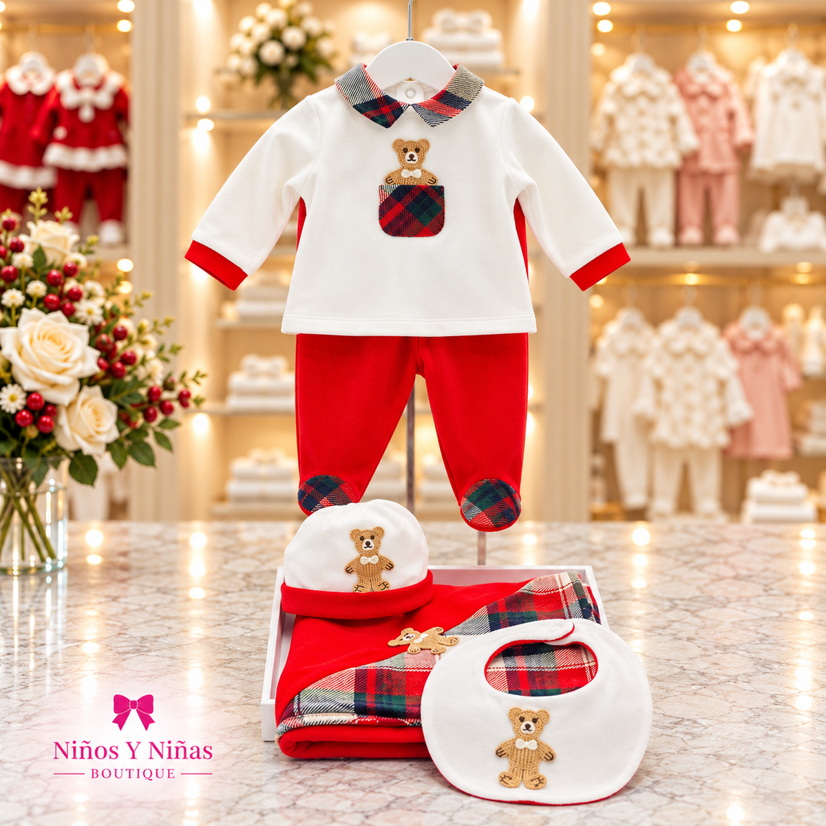Deolinda Christmas boys red teddy trouser set with matching accessories in the Niños Y Niñas boutique style