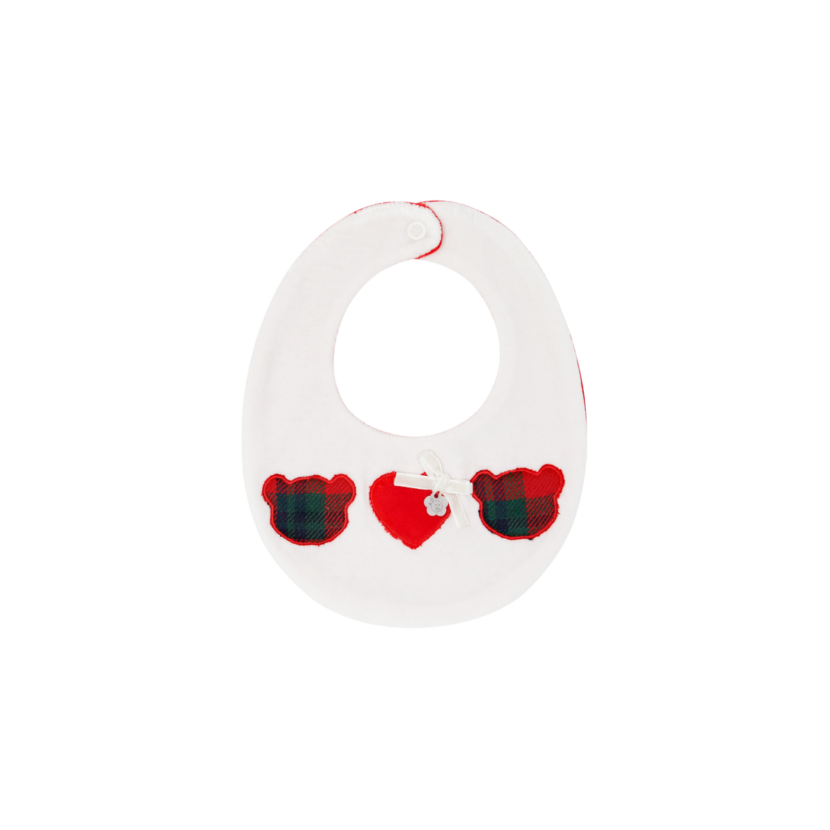 Deolinda Christmas girls ivory baby bib with tartan teddy and red heart appliqués