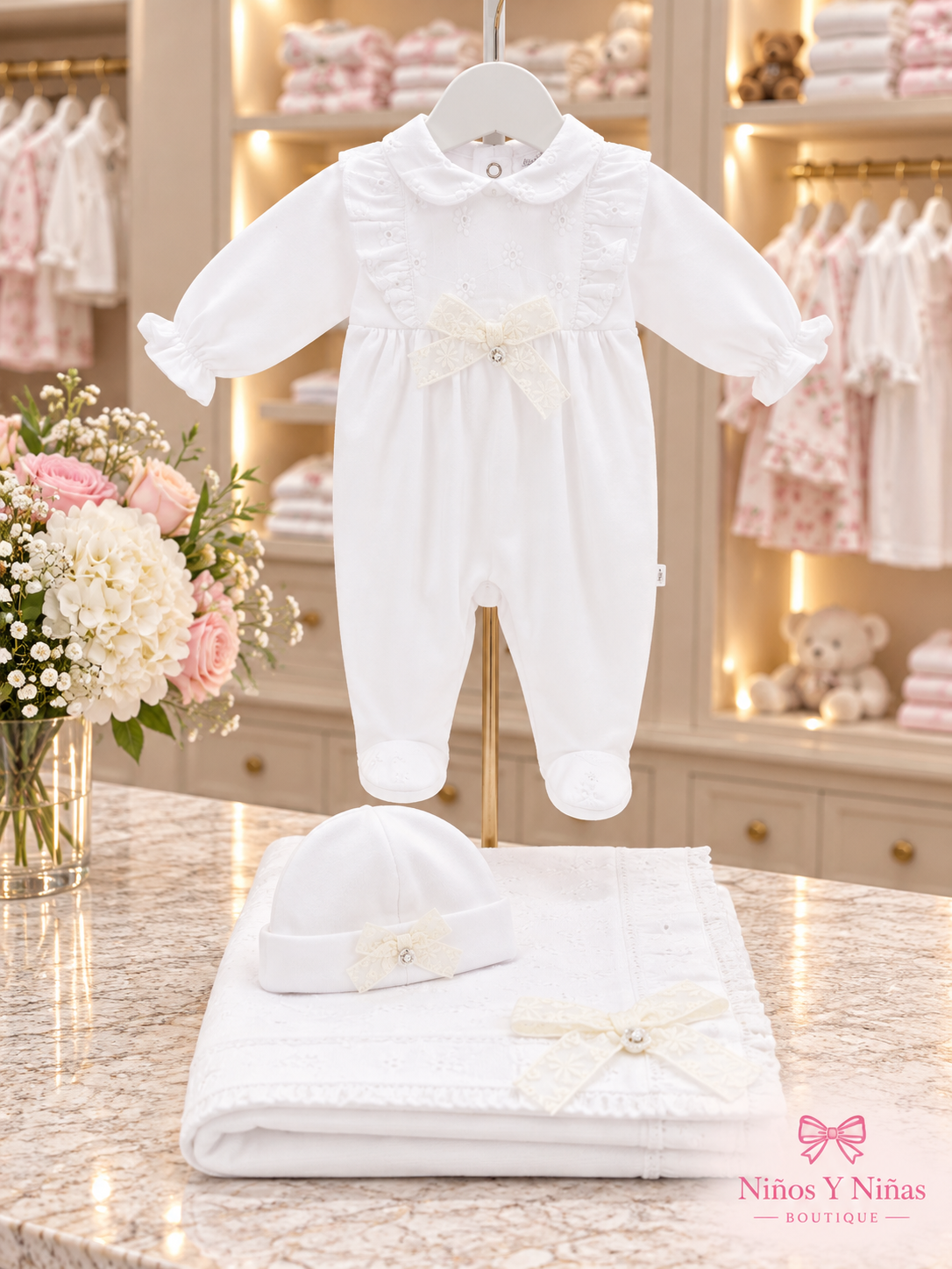 Deolinda Milkshake girls white frill and bow babygrow in the Niños Y Niñas boutique style