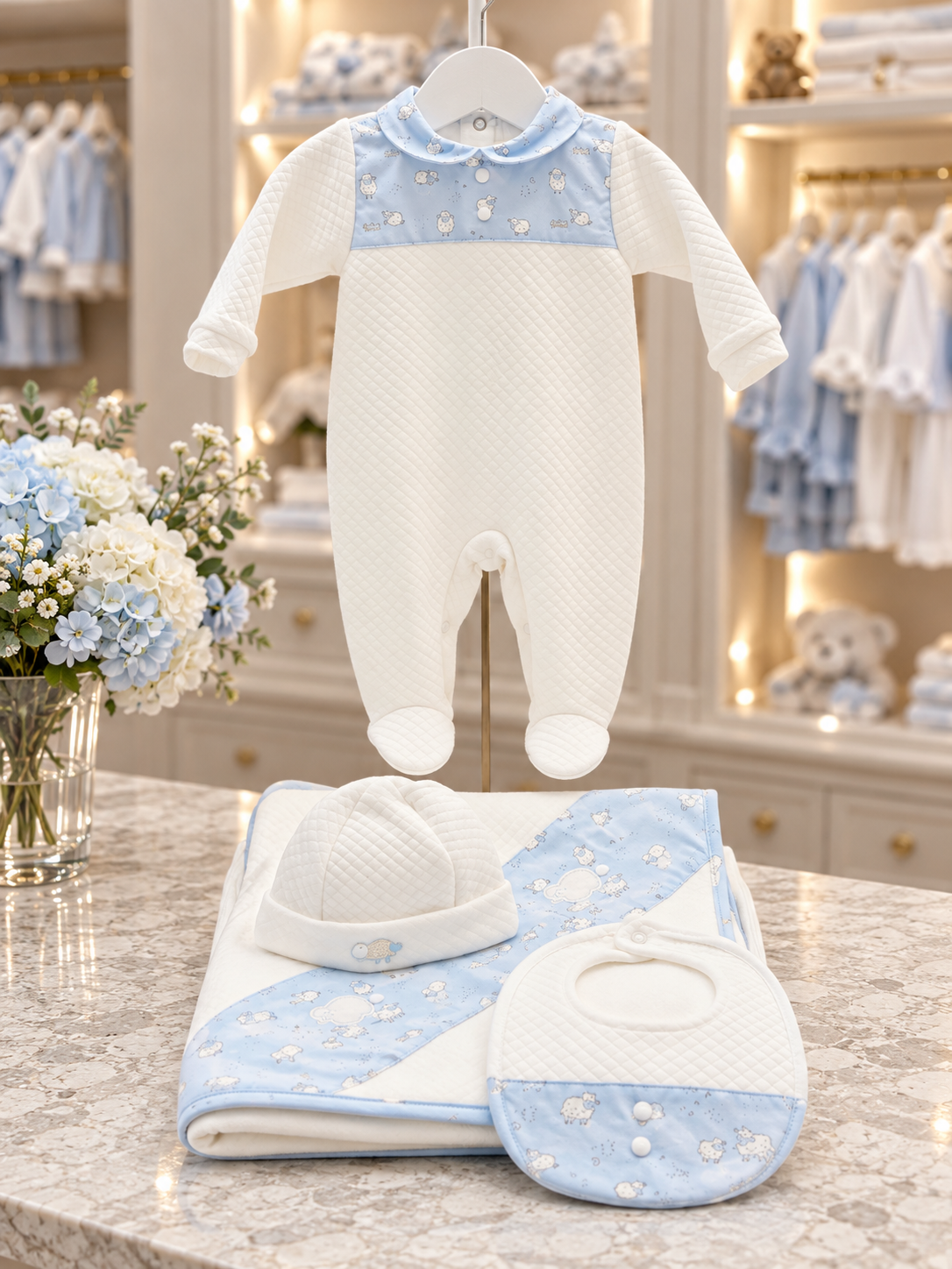 Deolinda Montana ivory and pale blue sheep baby blanket with matching babygrow, hat and bib in the Niños Y Niñas boutique style