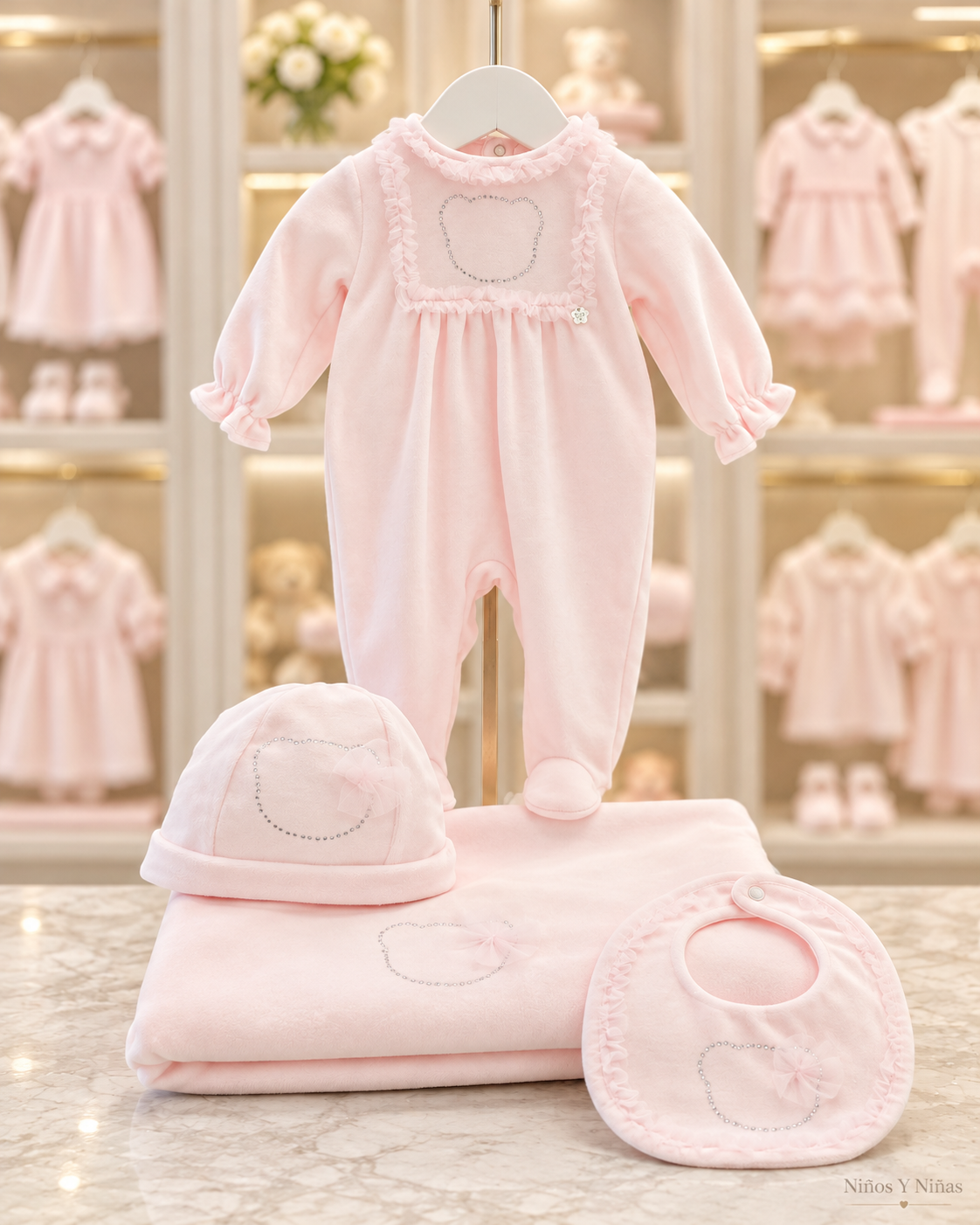 Deolinda Superstar pink velour baby blanket with matching babygrow, hat and bib in the Niños Y Niñas boutique style