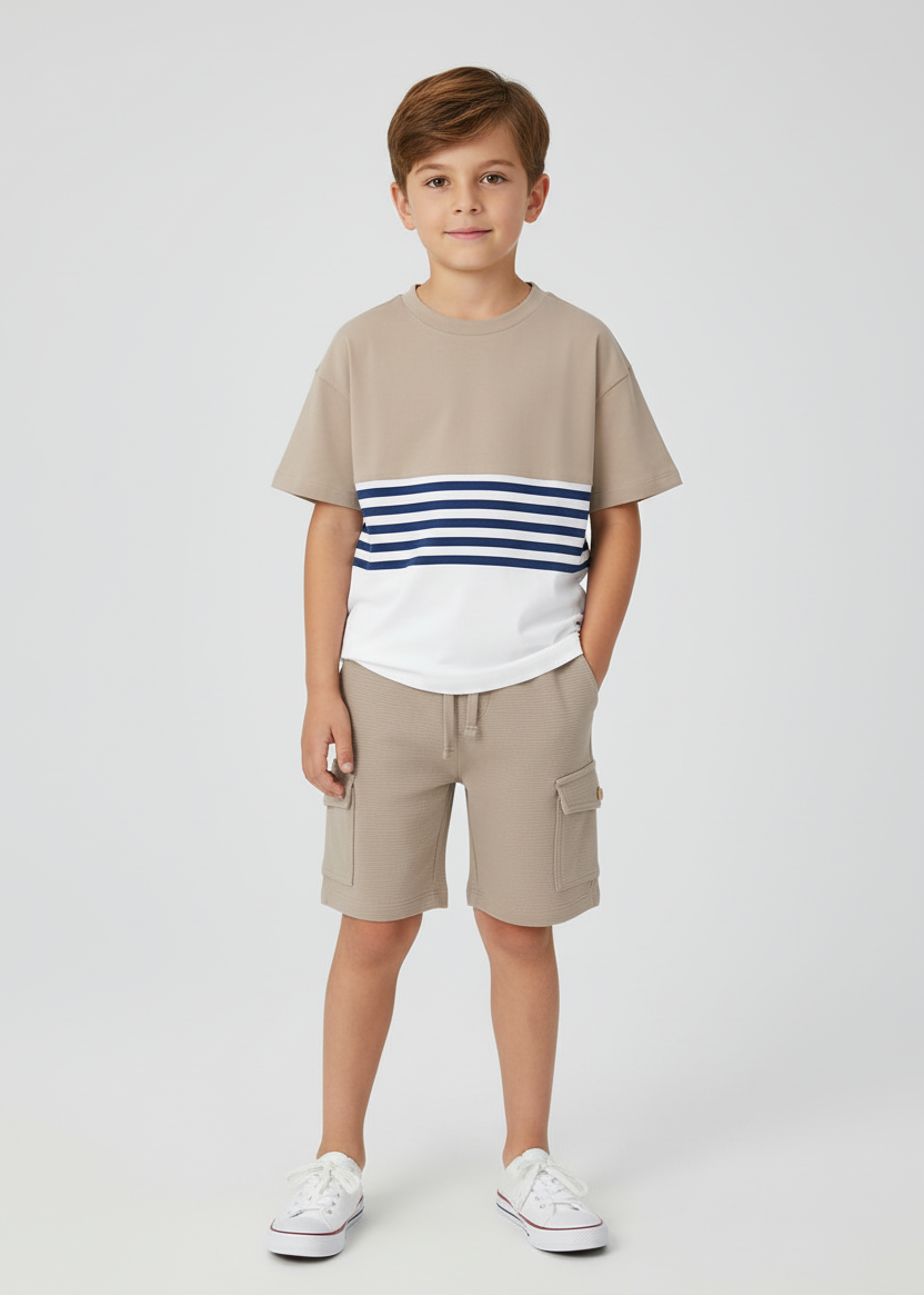 Boy wearing Mayoral beige three-piece shorts set 3601