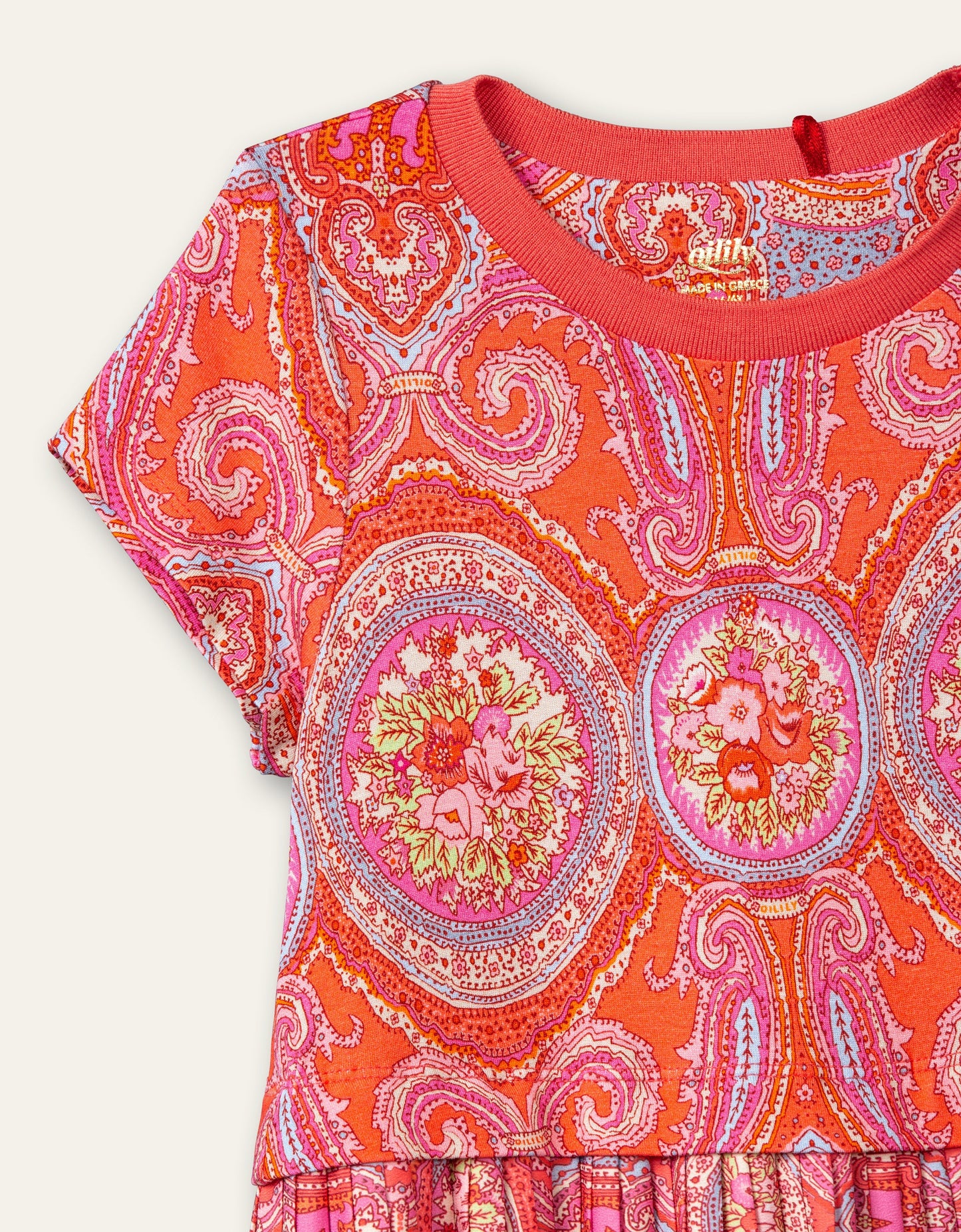 Oilily City Rose Girls Coral & Pink Paisley Pleated Dress