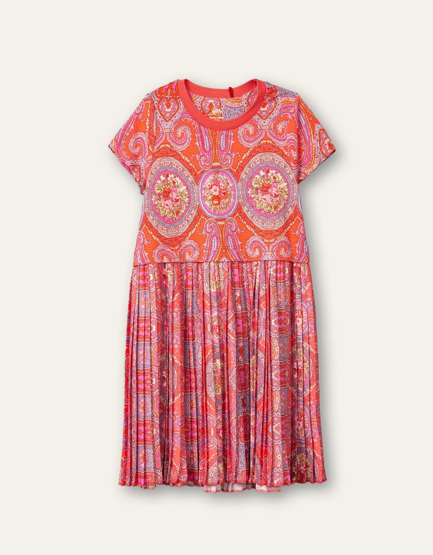 Oilily City Rose Girls Coral & Pink Paisley Pleated Dress