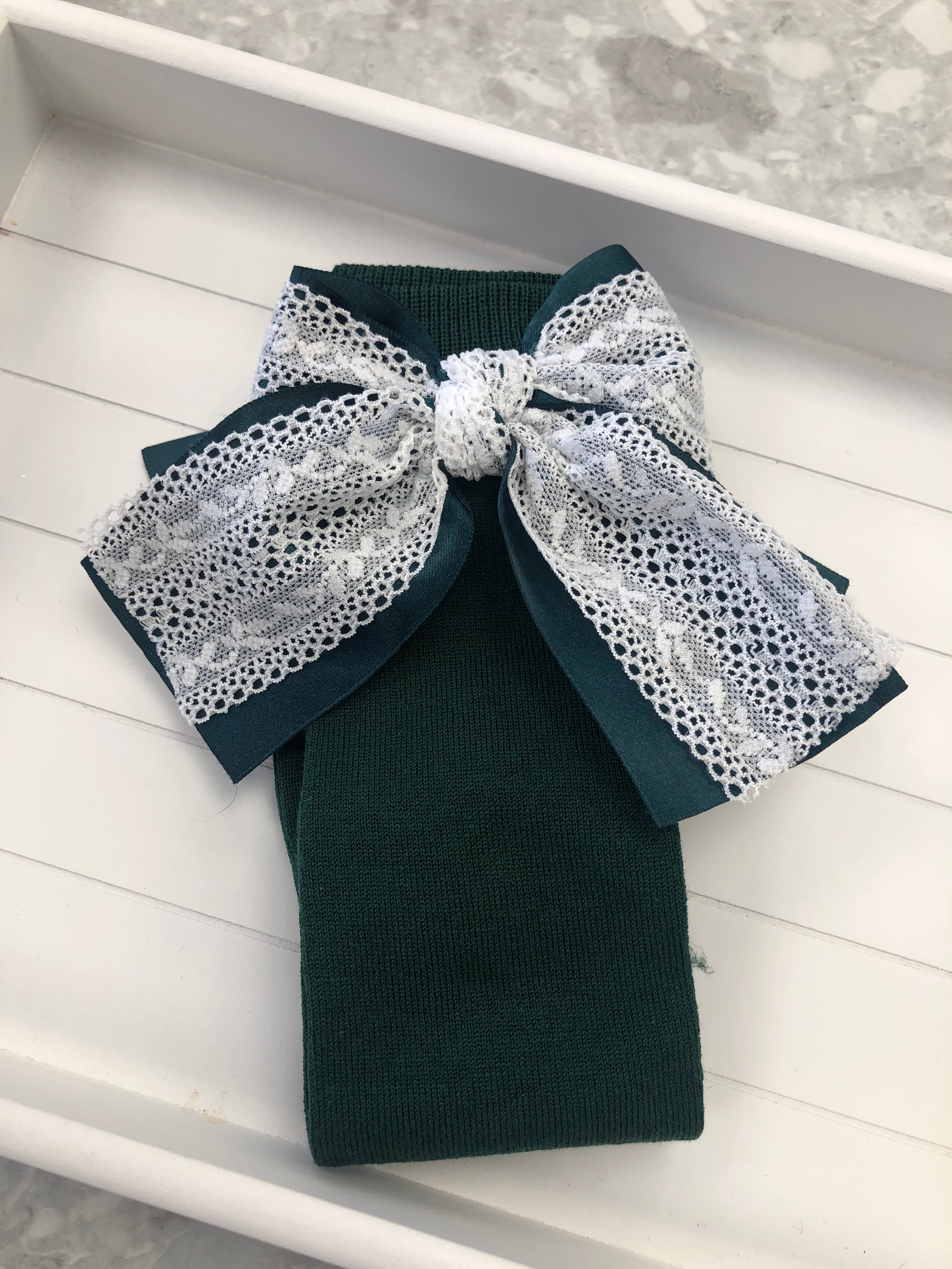 MEIA PATA Satin & Lace Bow Bottle Green Knee High Socks - 1123
