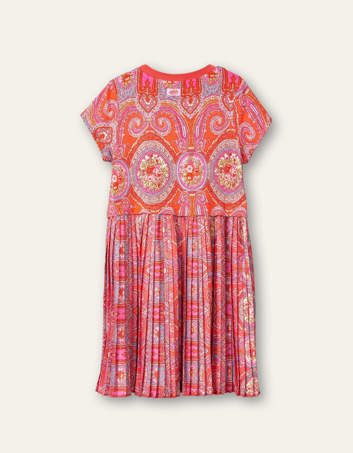 Oilily City Rose Girls Coral & Pink Paisley Pleated Dress