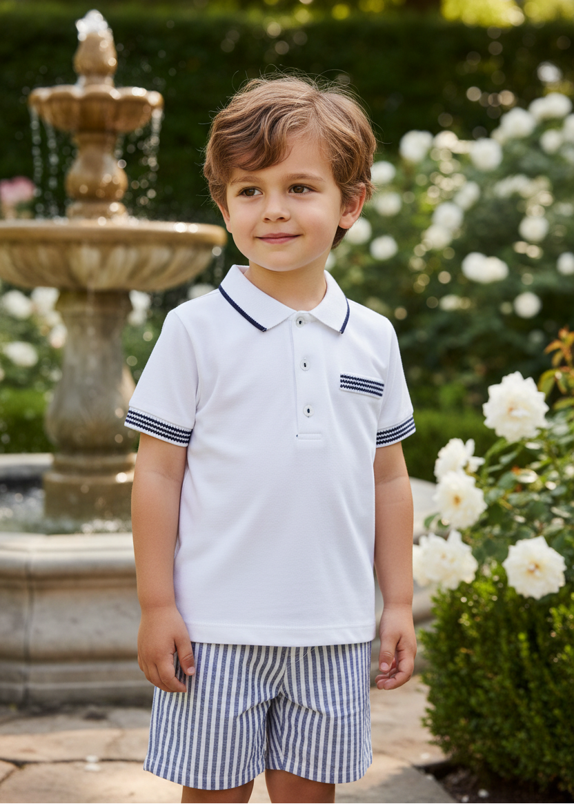 Deolinda Astra boys navy and white short set 26617 - lifestyle view