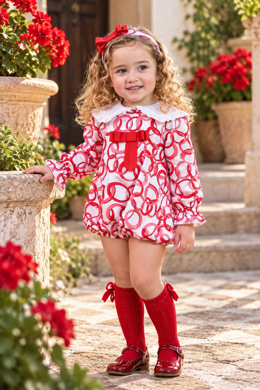 Rochy Anillas girls red and pink rings print bubble romper with white frilled collar and red bow, styled in a Spanish courtyard