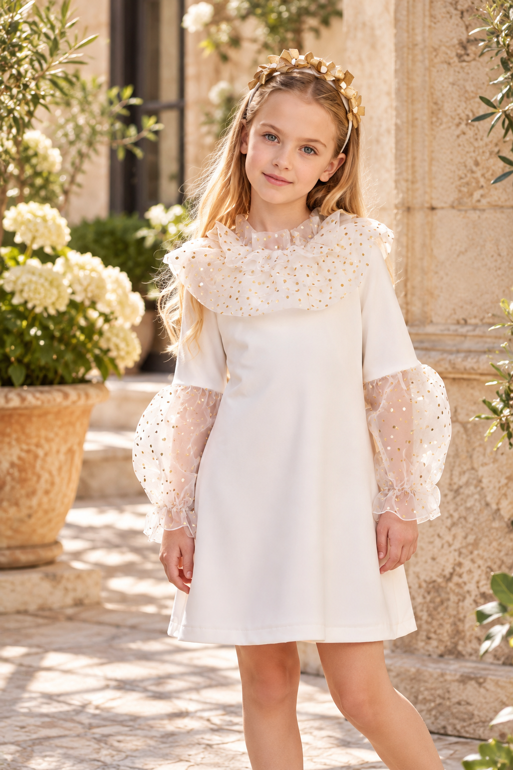 Rochy Gold girls ivory dress with gold spotted tulle collar and puff sleeves, styled in a Spanish courtyard