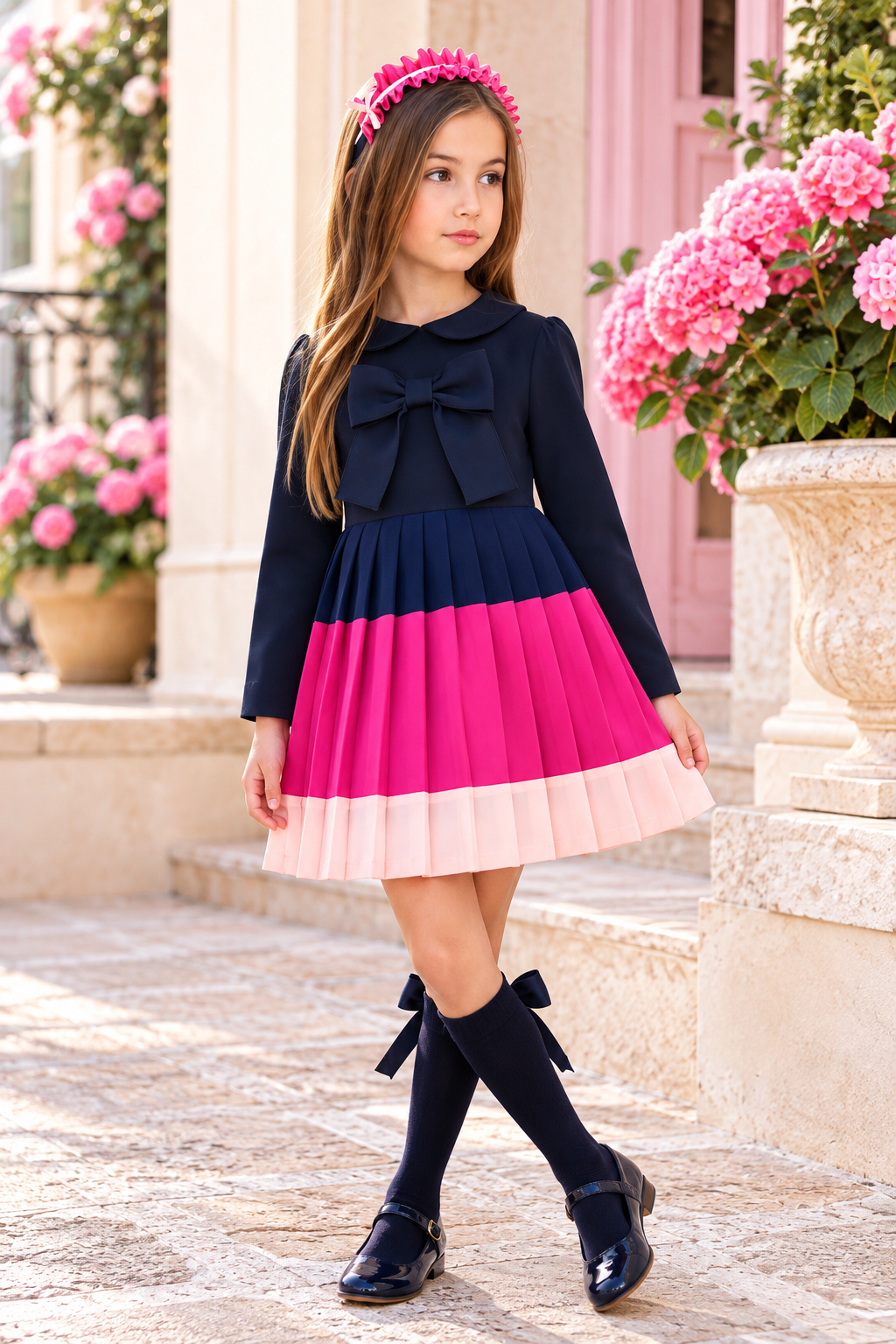Rochy Mar girls navy and pink pleated dress with bow in a Mediterranean courtyard