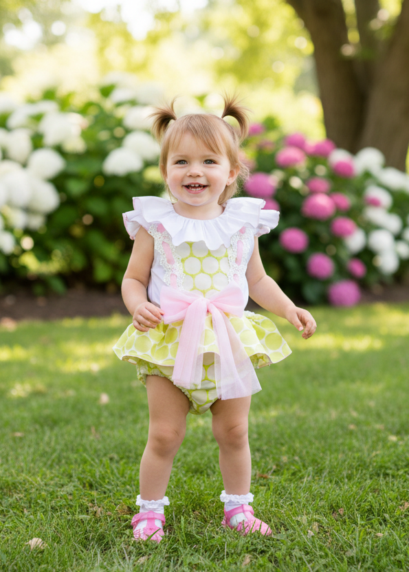Toddler girl in Naxos lime and pink romper set