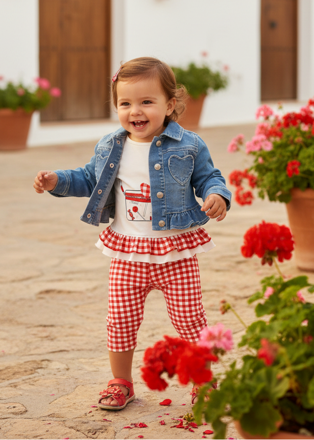 Toddler girl wearing Miranda Corazon red gingham leggings set with denim jacket