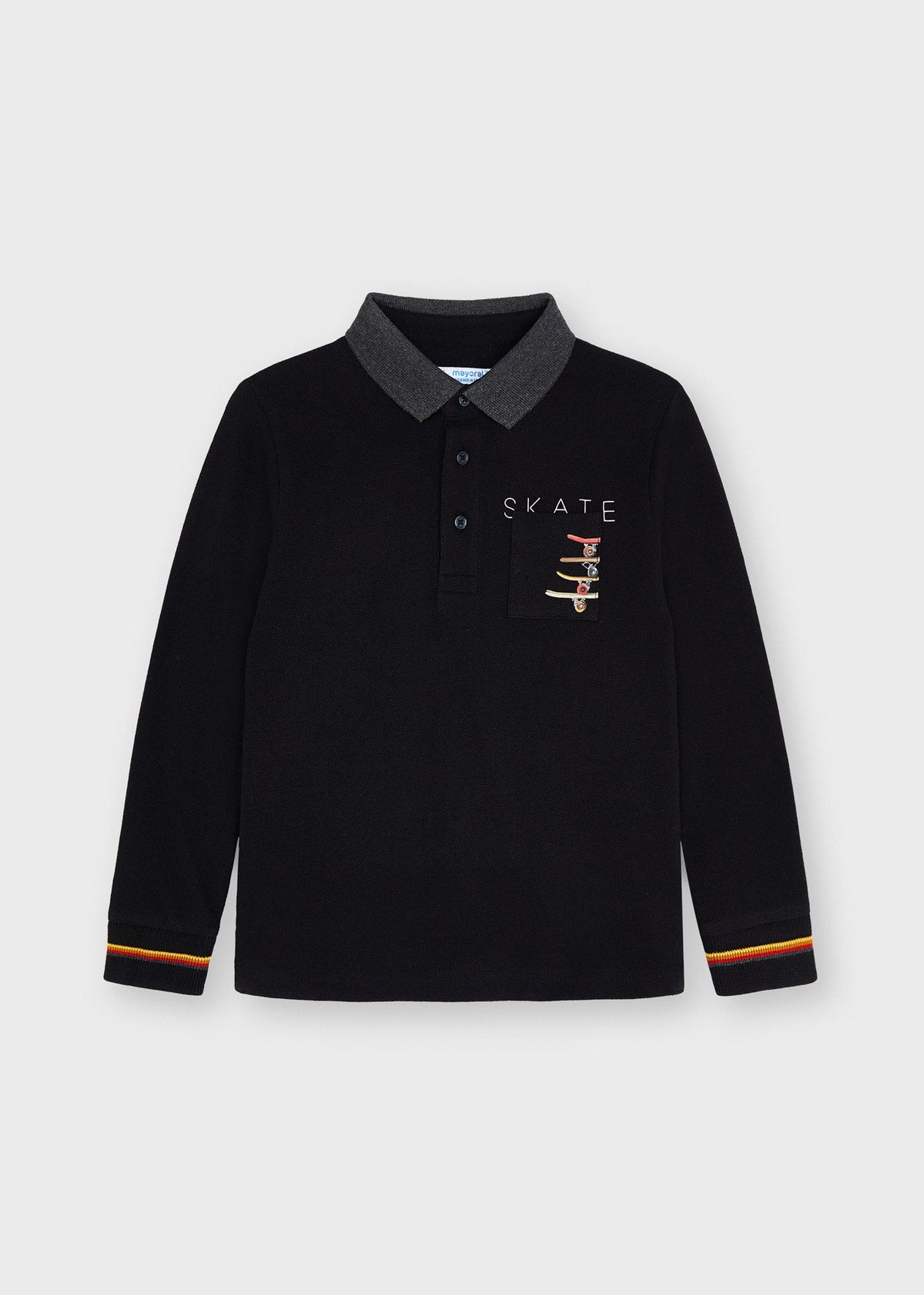 Mayoral boys black skater long sleeve polo shirt, front