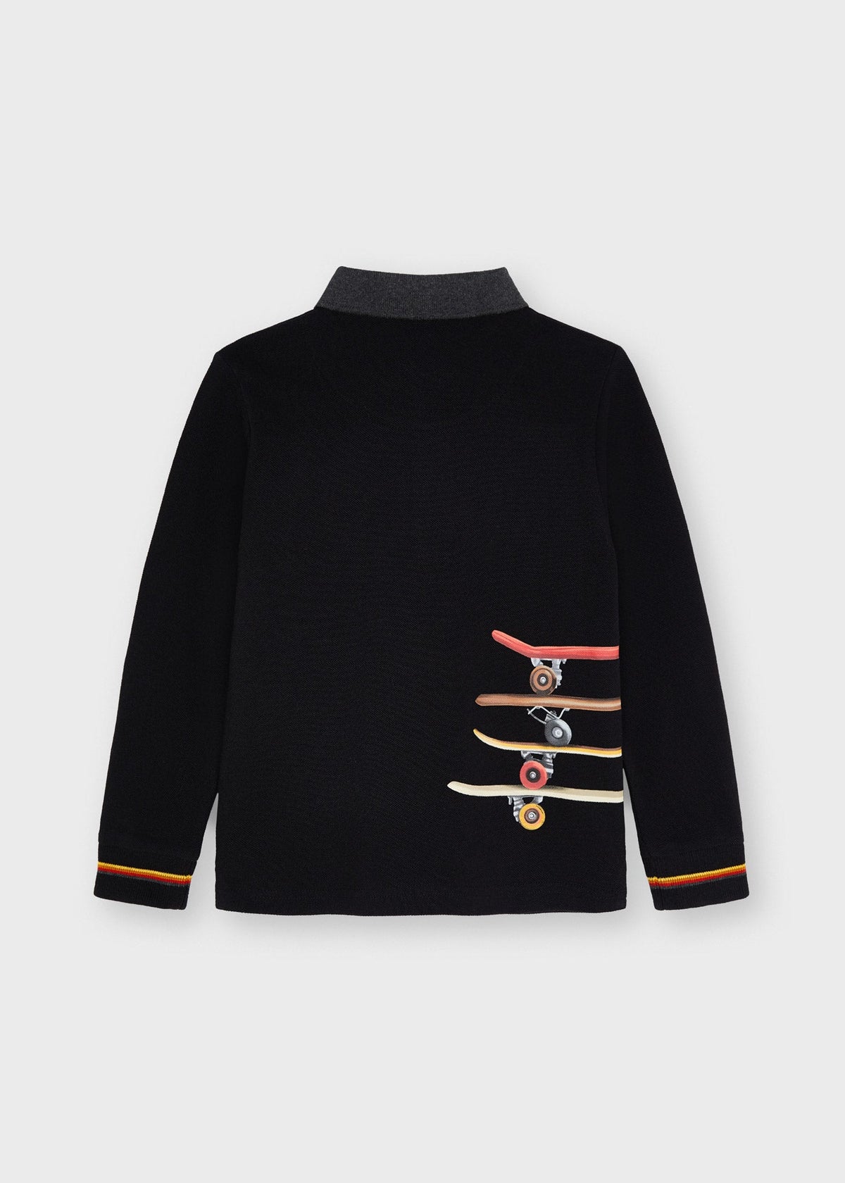 Mayoral boys black skater long sleeve polo shirt with skateboard back detail
