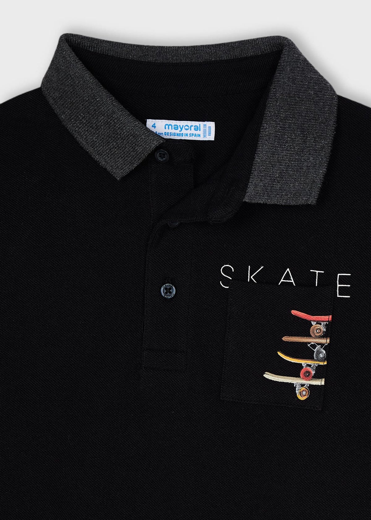 Mayoral boys black polo shirt grey collar and skater chest detail