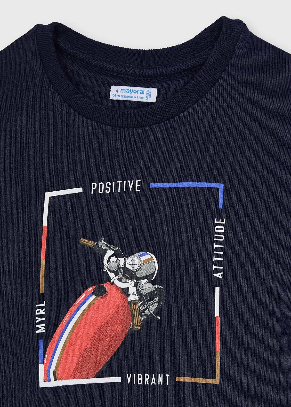 Mayoral navy motorbike sweatshirt 4406 graphic and neckline detail
