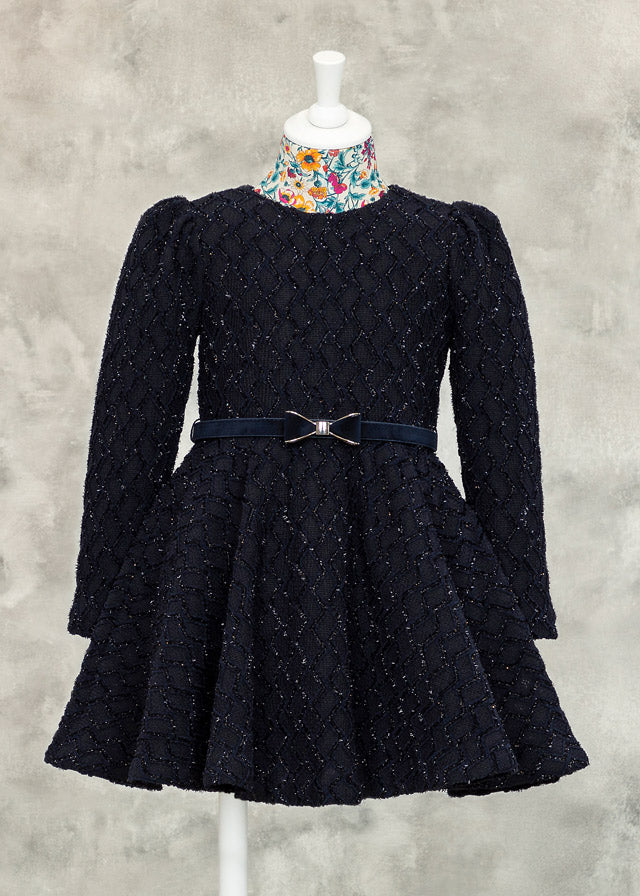 AW22 ABELA & LULA Girls Navy Boucle Dress