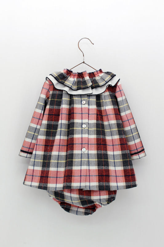 FOQUE Beige & Red Check Baby Girls Dress & Knickers