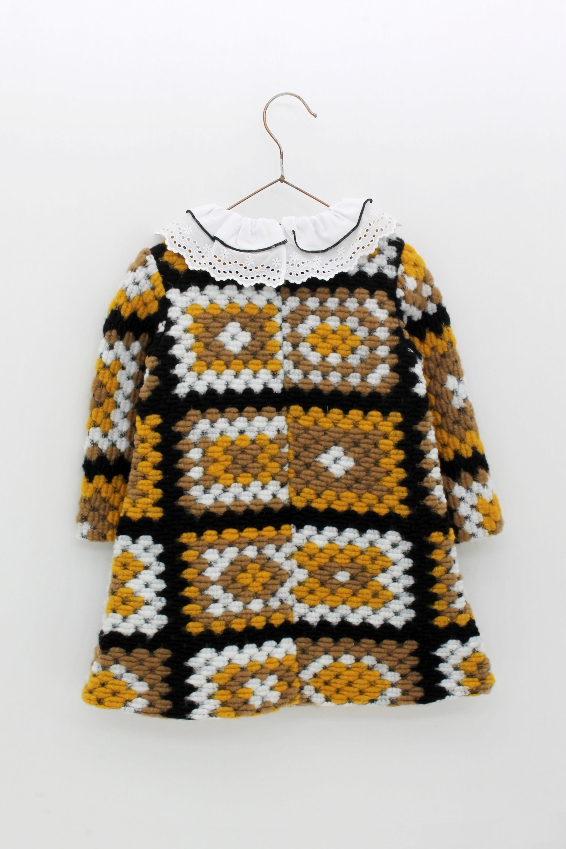 AW22 FOQUE Mustard & Black Crochet Girls A-Line Dress - 5586