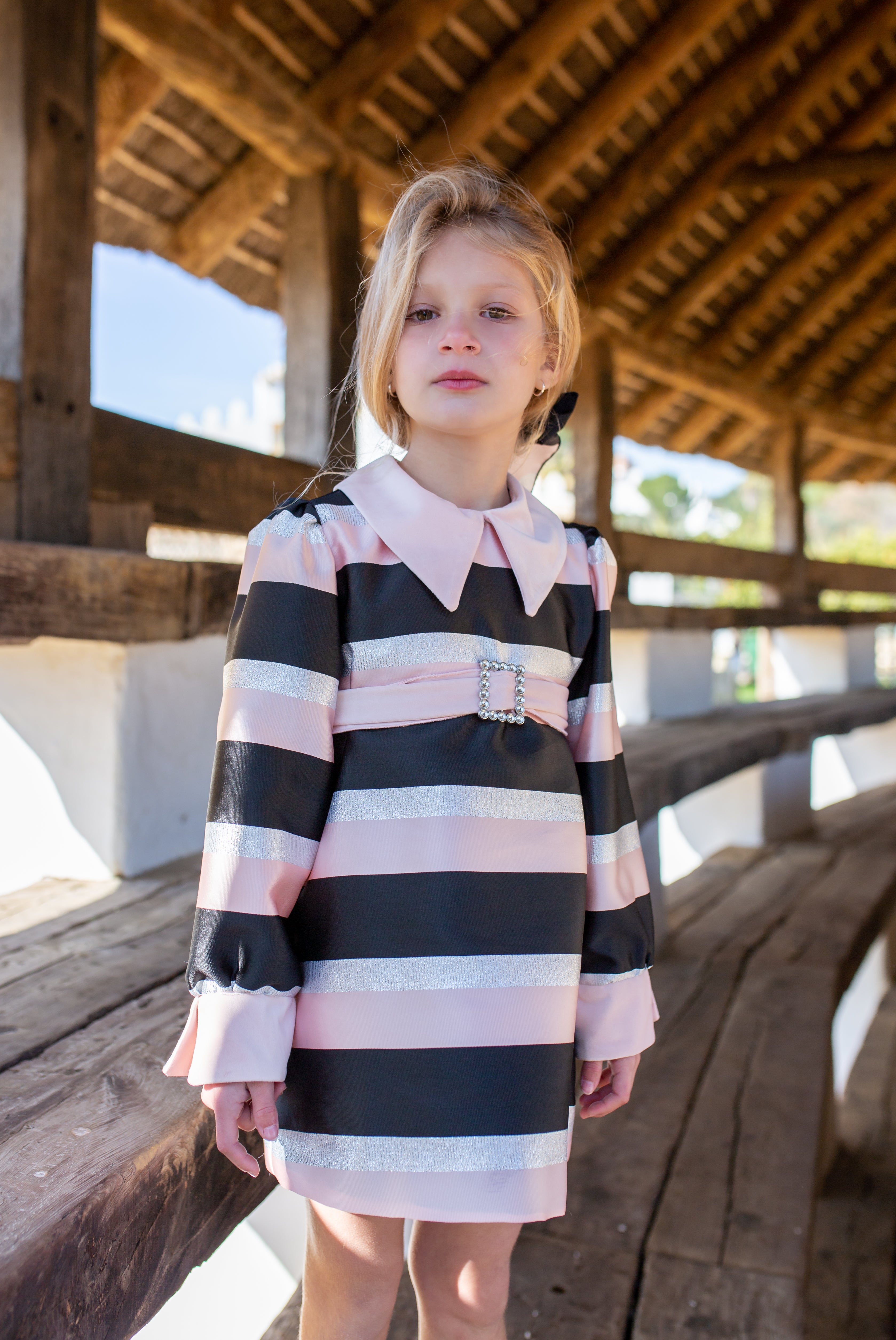 NAXOS Luxe Stripe Girls A-Line Dress with Belt - CLEARANCE SALE