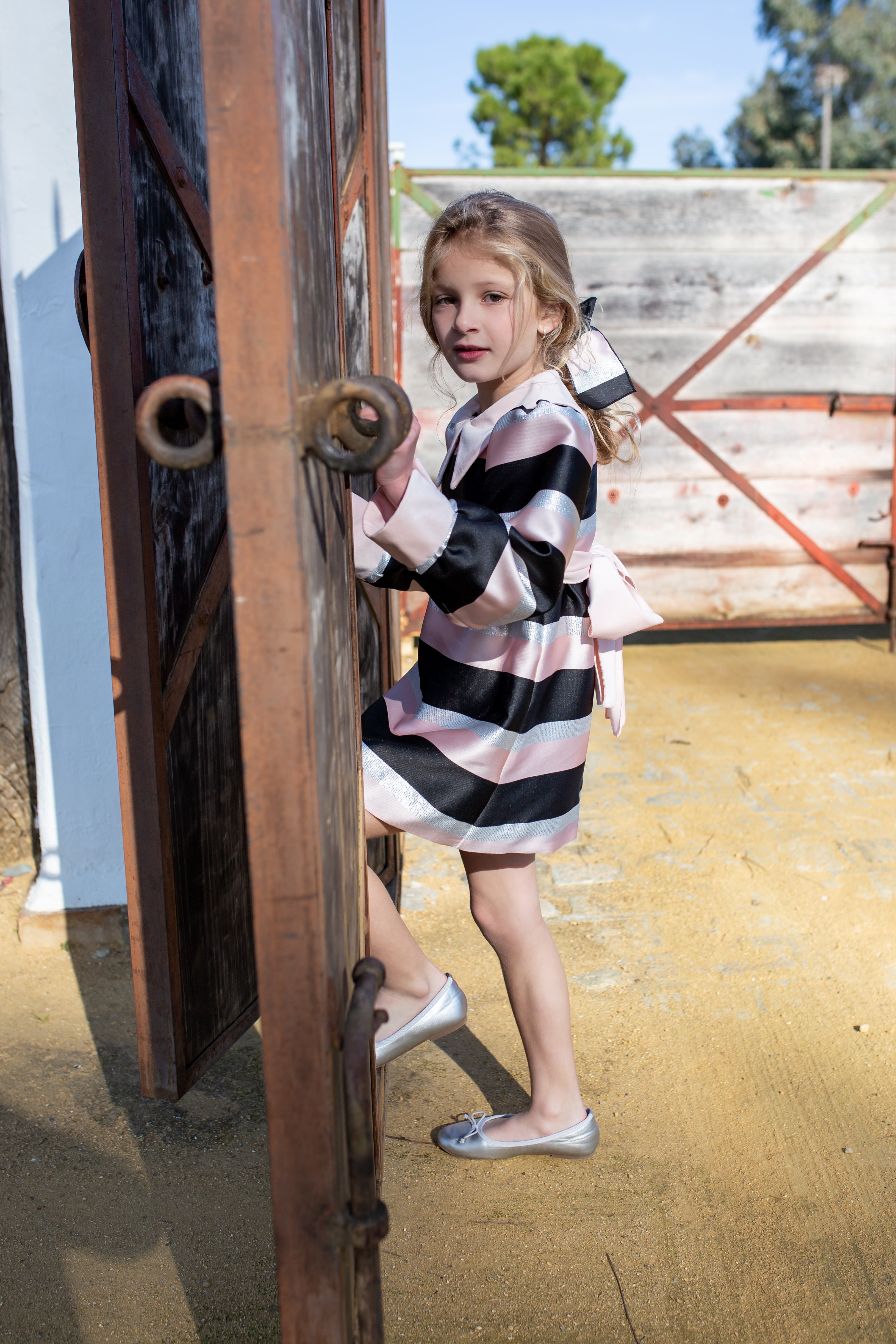 NAXOS Luxe Stripe Girls A-Line Dress with Belt - CLEARANCE SALE
