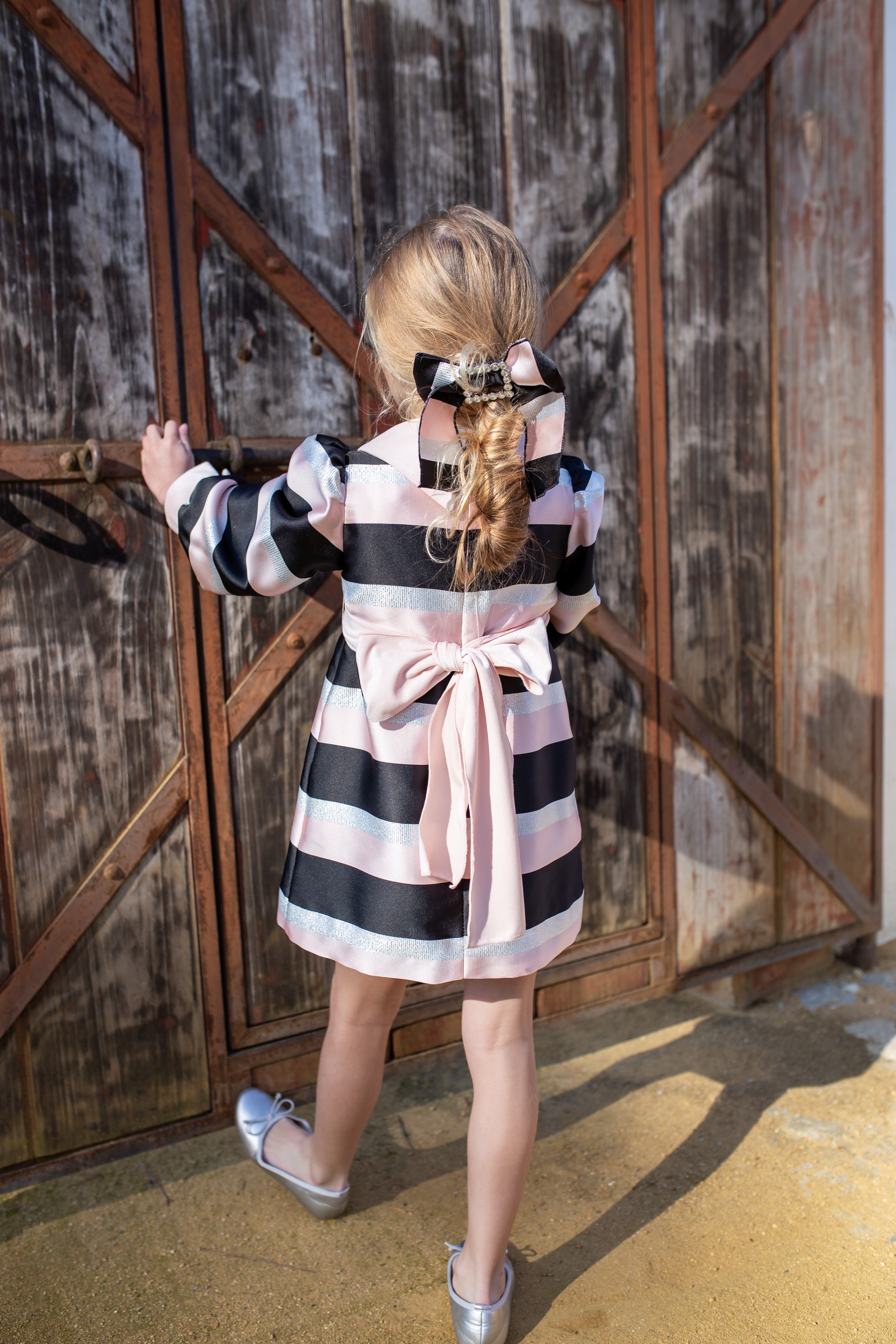 NAXOS Luxe Stripe Girls A-Line Dress with Belt - CLEARANCE SALE