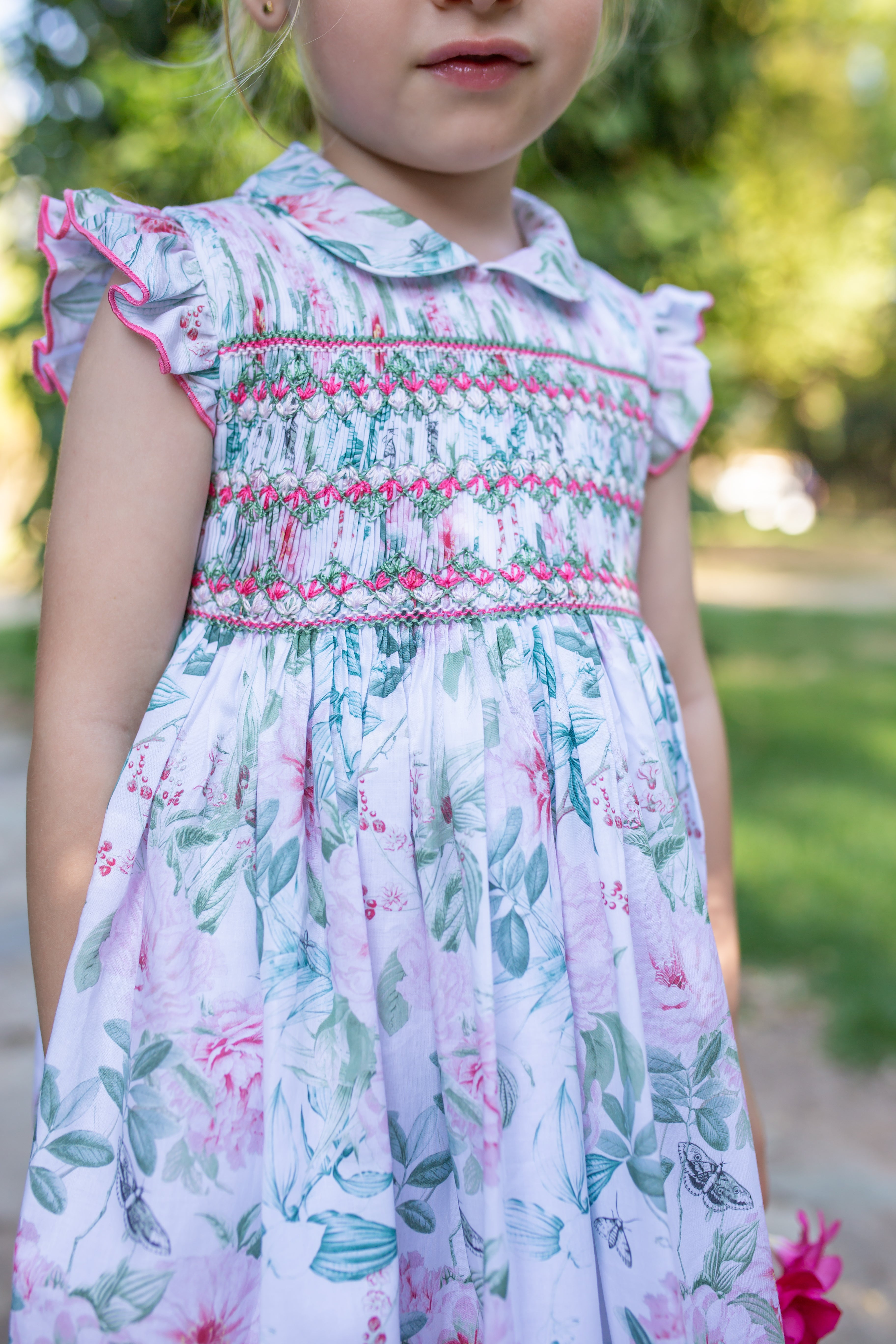 SS23 NAXOS Hibisco Baby Girls Pink & Green Floral Smocked Dress - 7135