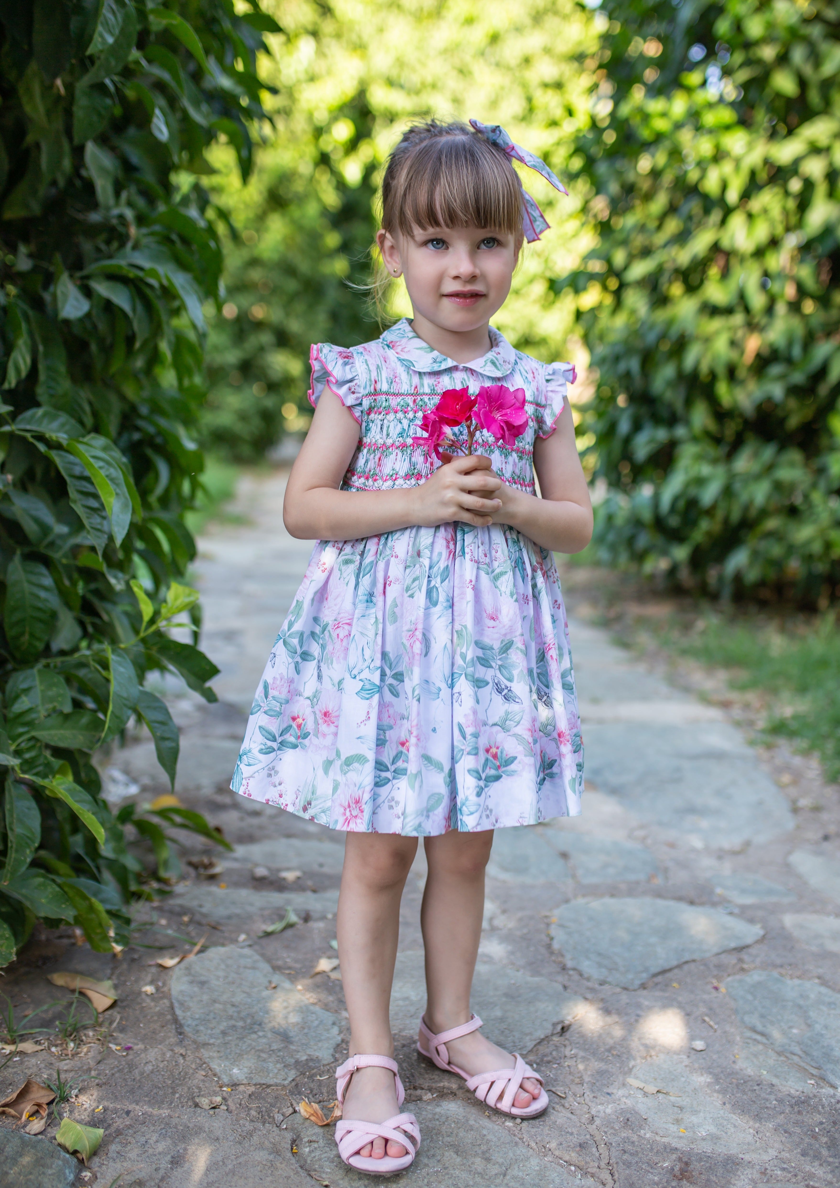 SS23 NAXOS Hibisco Baby Girls Pink & Green Floral Smocked Dress - 7135