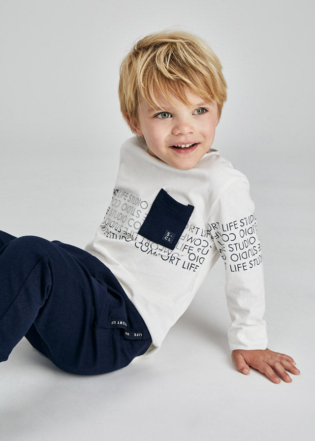 Boy wearing Mayoral Studio white and navy long-sleeve top 4092