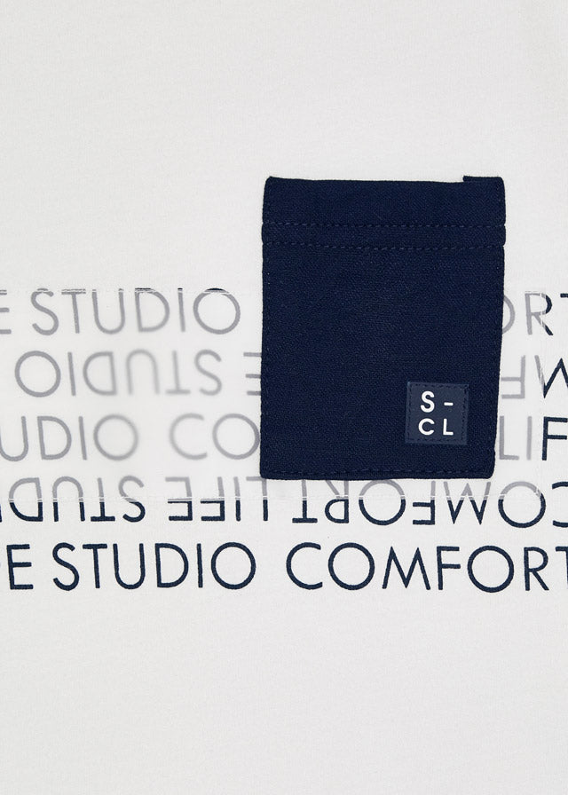 Mayoral Studio white long-sleeve top 4092 navy pocket and print detail