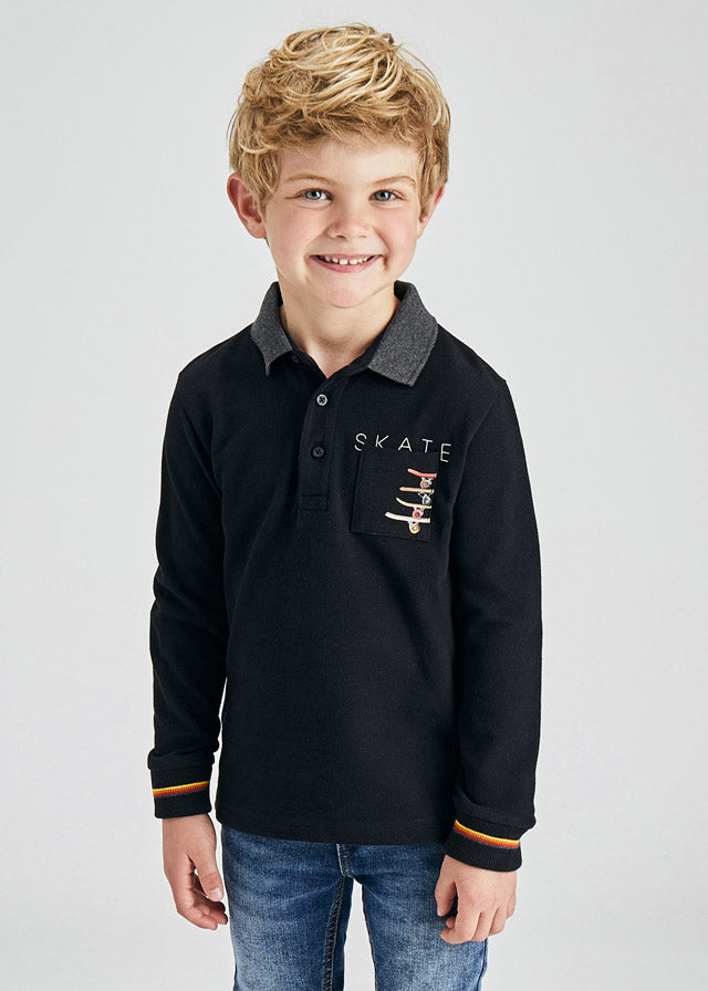 Boy wearing Mayoral black skater long sleeve polo shirt, front view