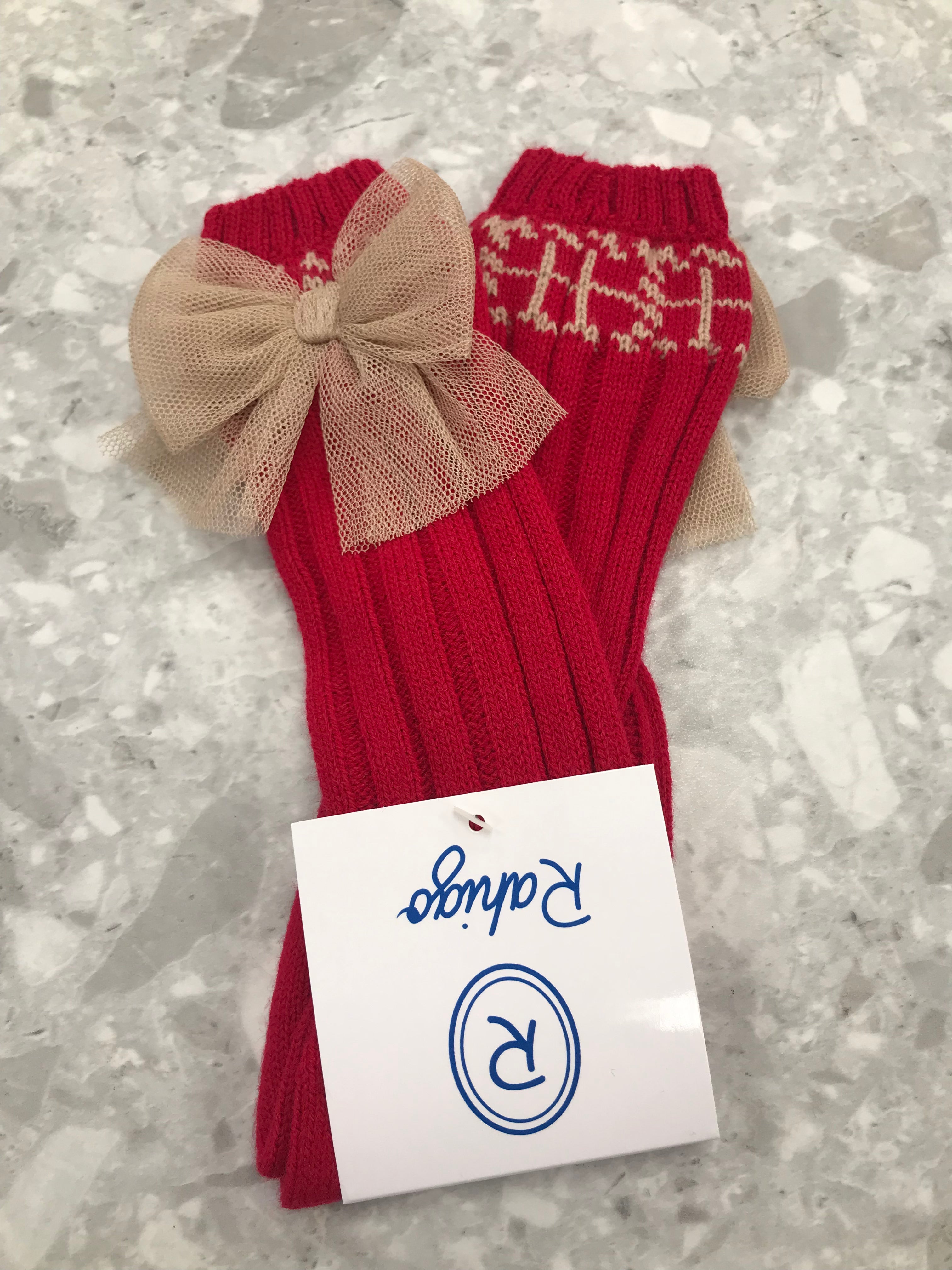 AW22 RAHIGO Red & Camel Girls Bow Socks - 22248
