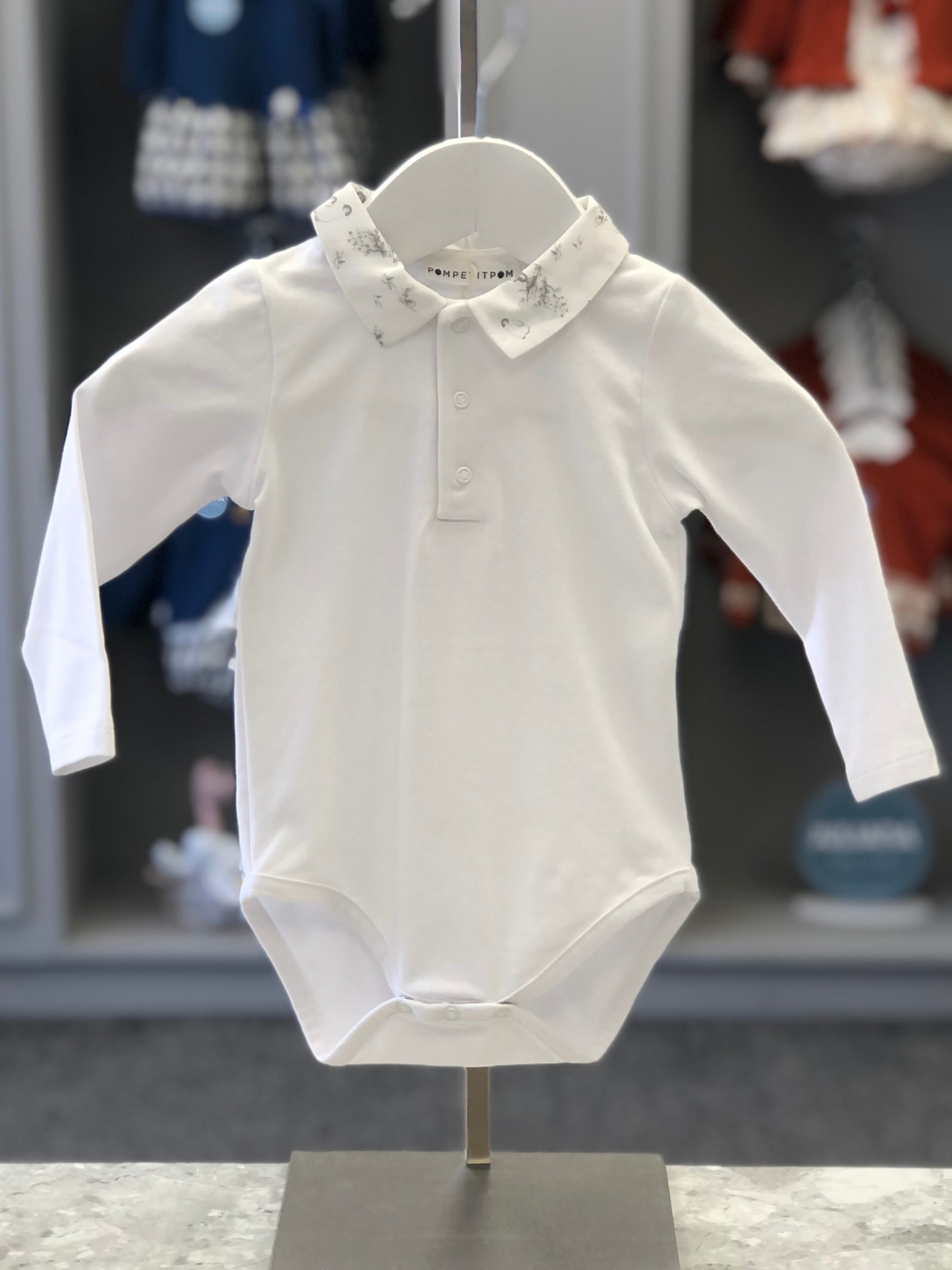 POM PETIT POM Grey & White Baby Boys Long Sleeve Body