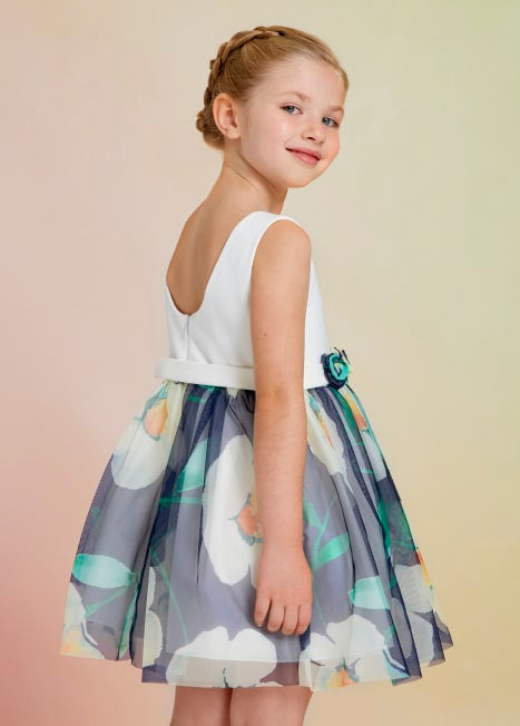 SS23 ABEL & LULA Girls Navy Tulle Printed Dress - 5043