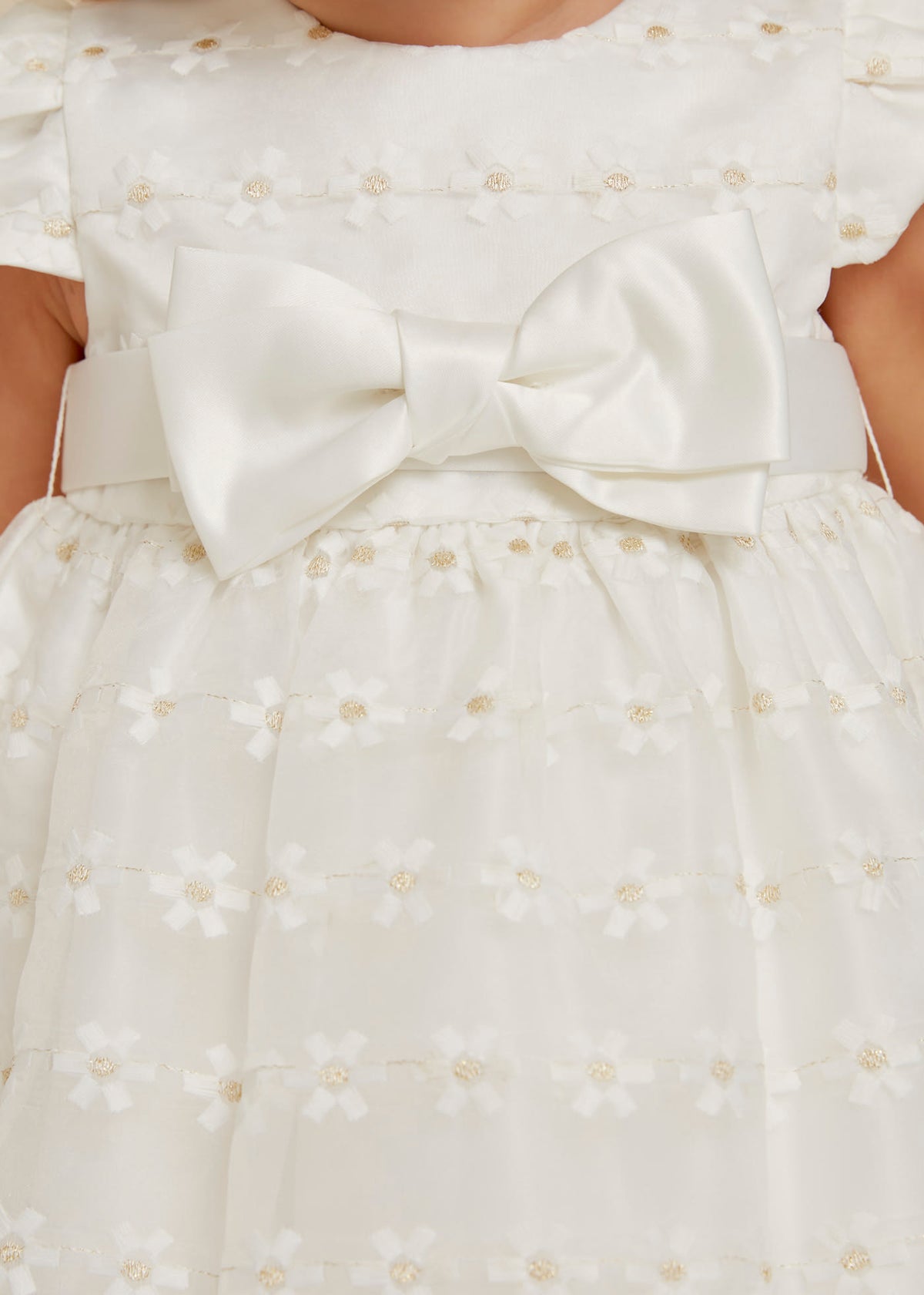 Ivory satin bow and gold floral embroidery detail