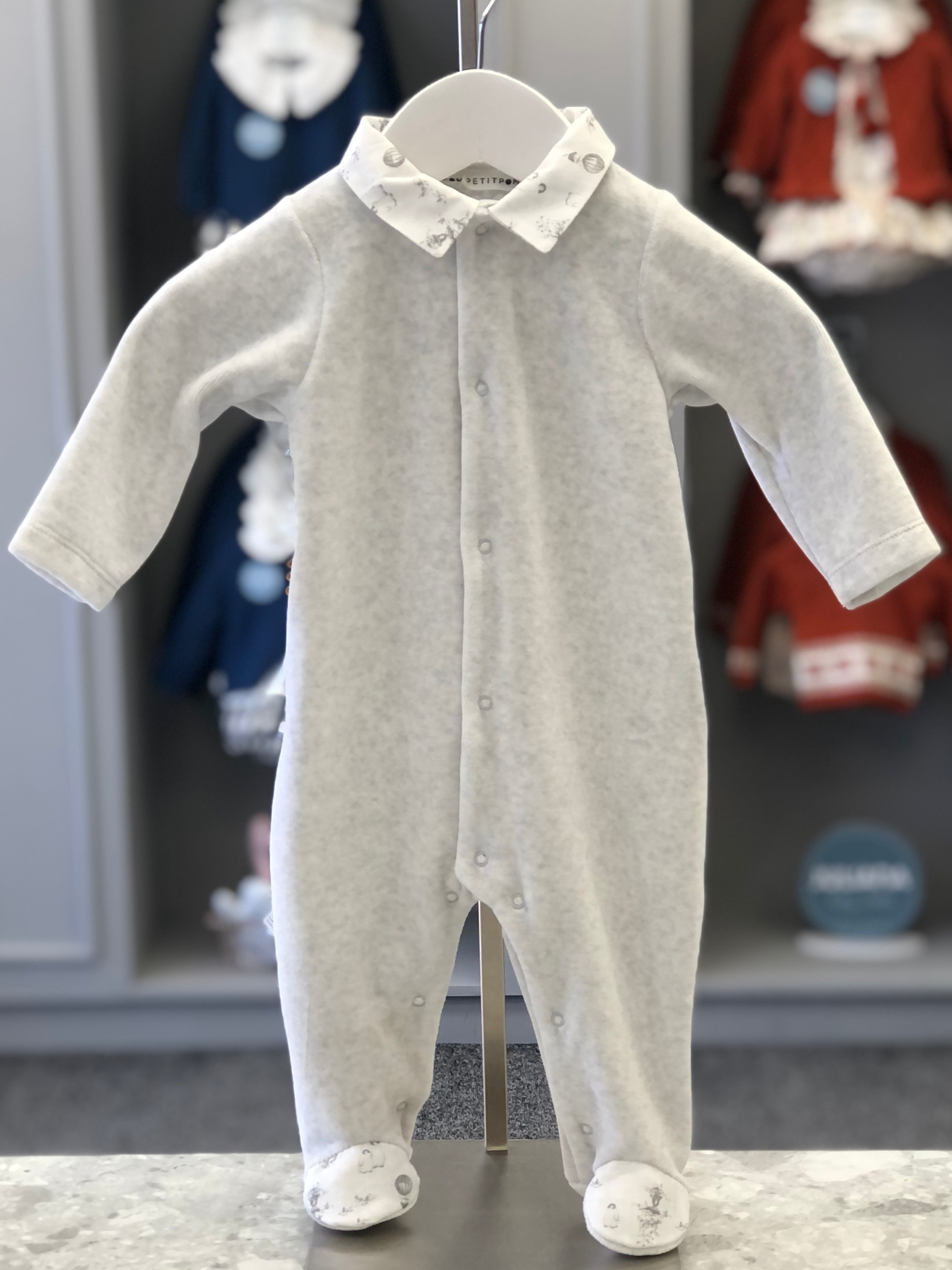 POM PETIT POM Grey Baby Girls Velour Babygrow