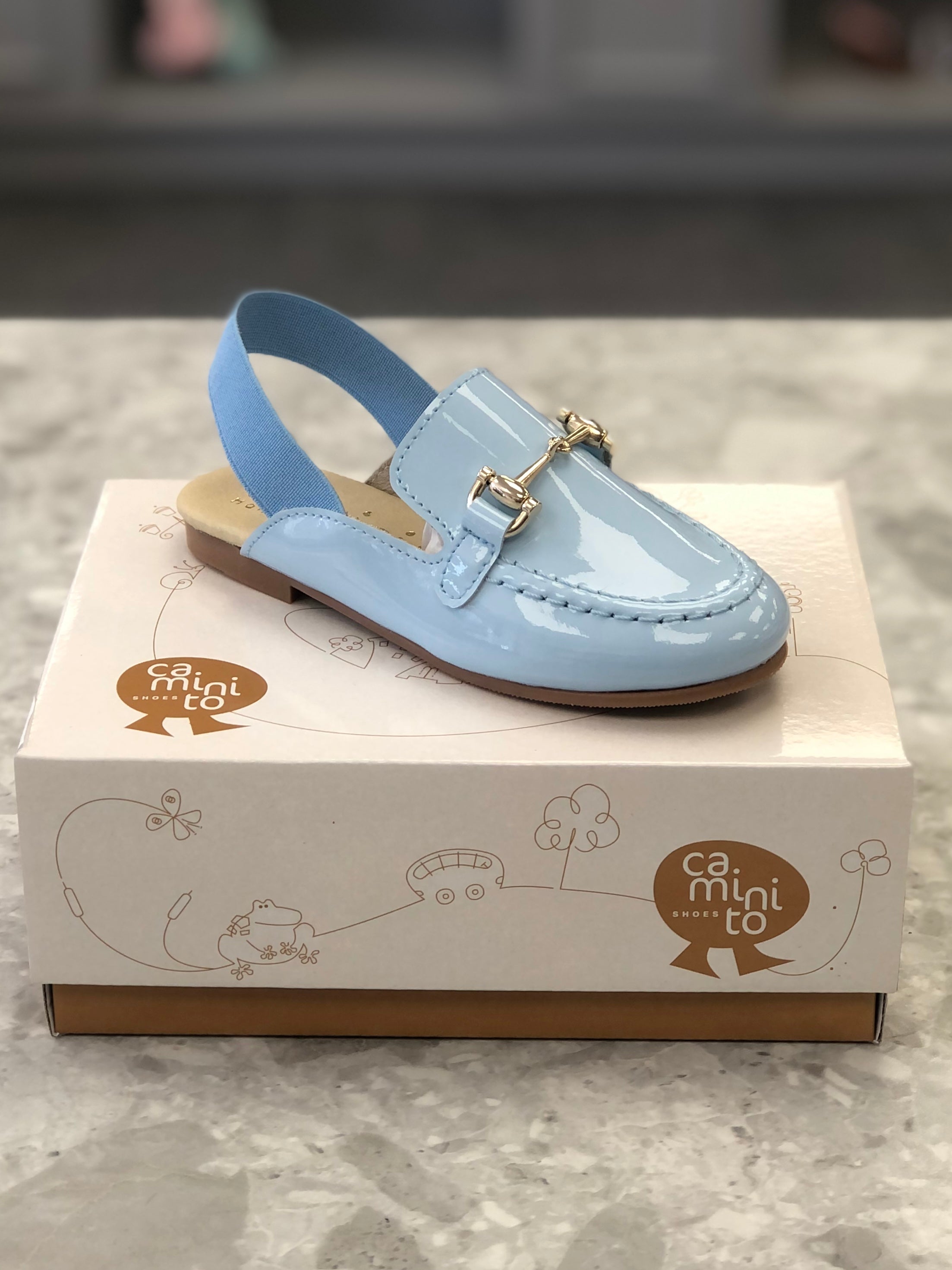 CAMINITO Girls Blue Patent Leather Slingback Loafer