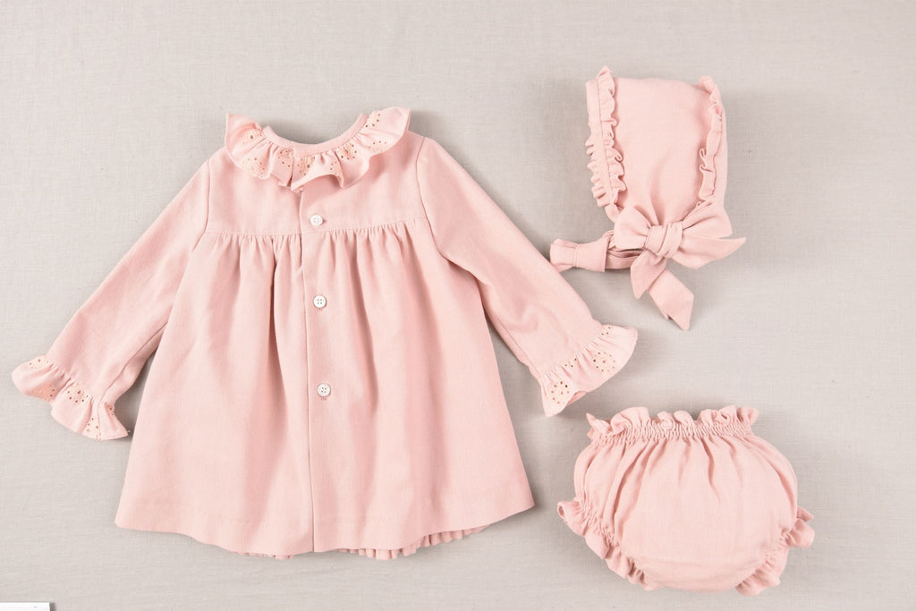 JOSE VARON Baby Girls Dusky Pink Dress with Bonnet & Bloomers